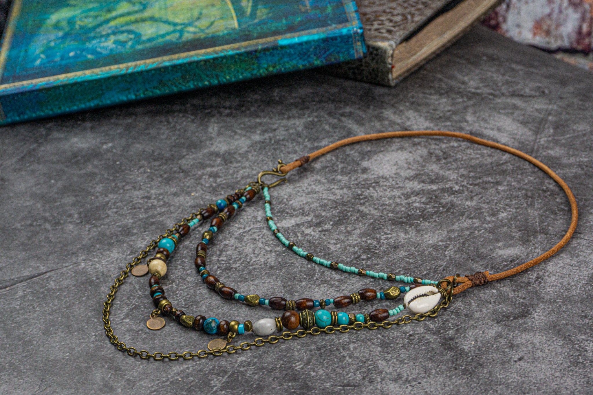 boho statement multi layer necklace set for women made of wood, turquoise bronze chain