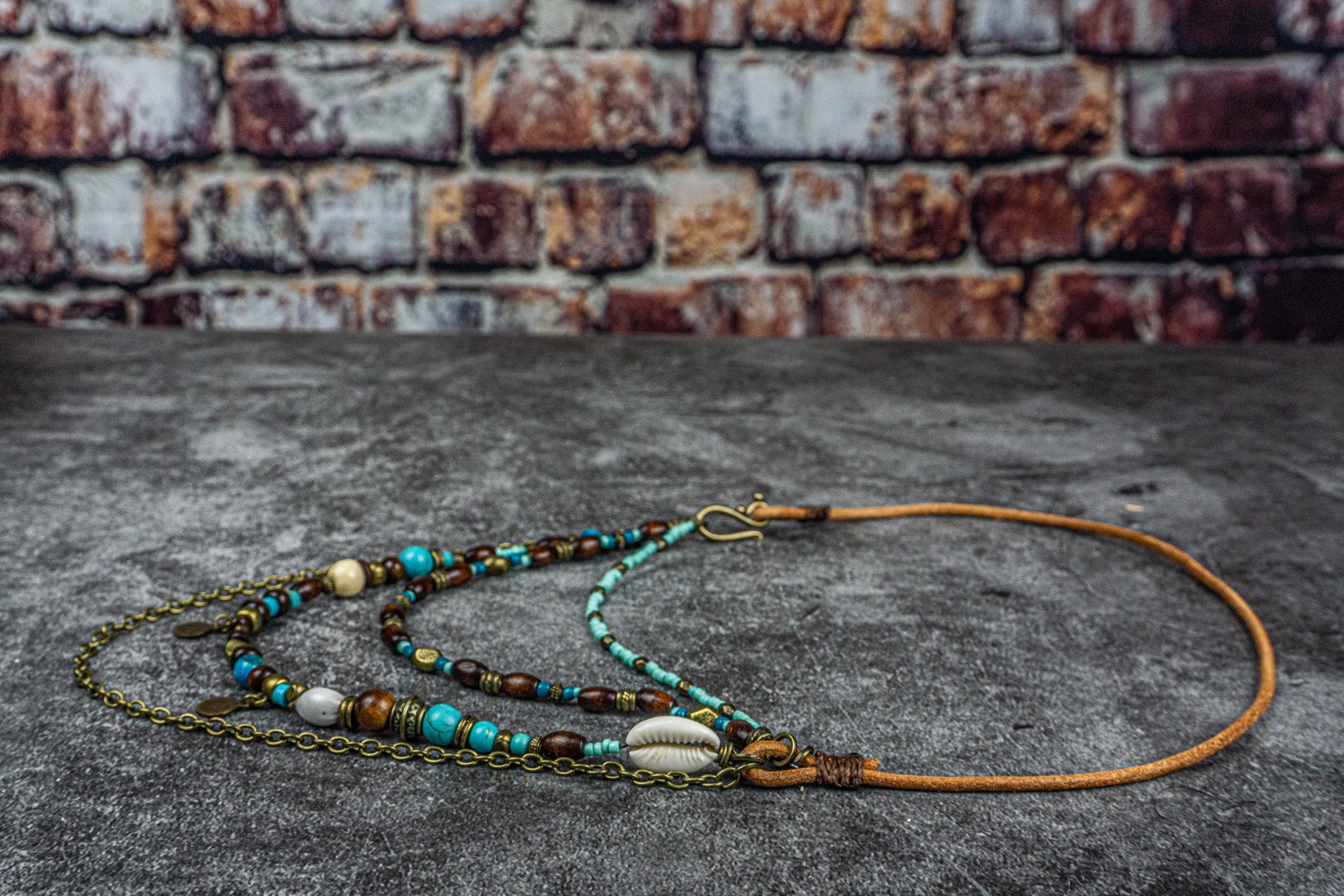 boho statement multi strand necklace set for women made of wood, turquoise bronze chain