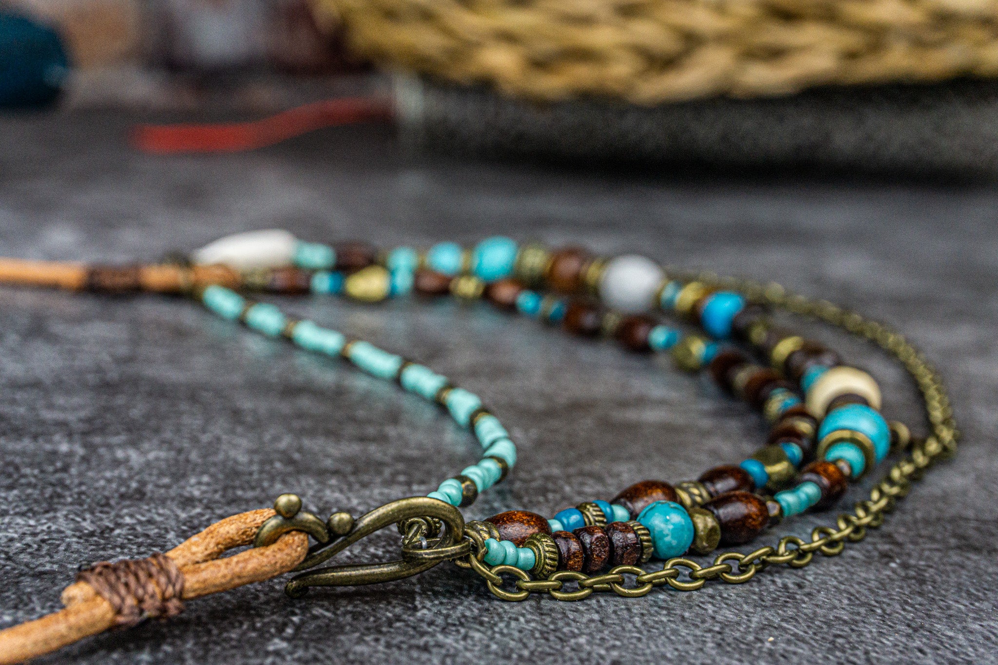 bohemian statement layered necklace set for women made of wood, turquoise bronze chain
