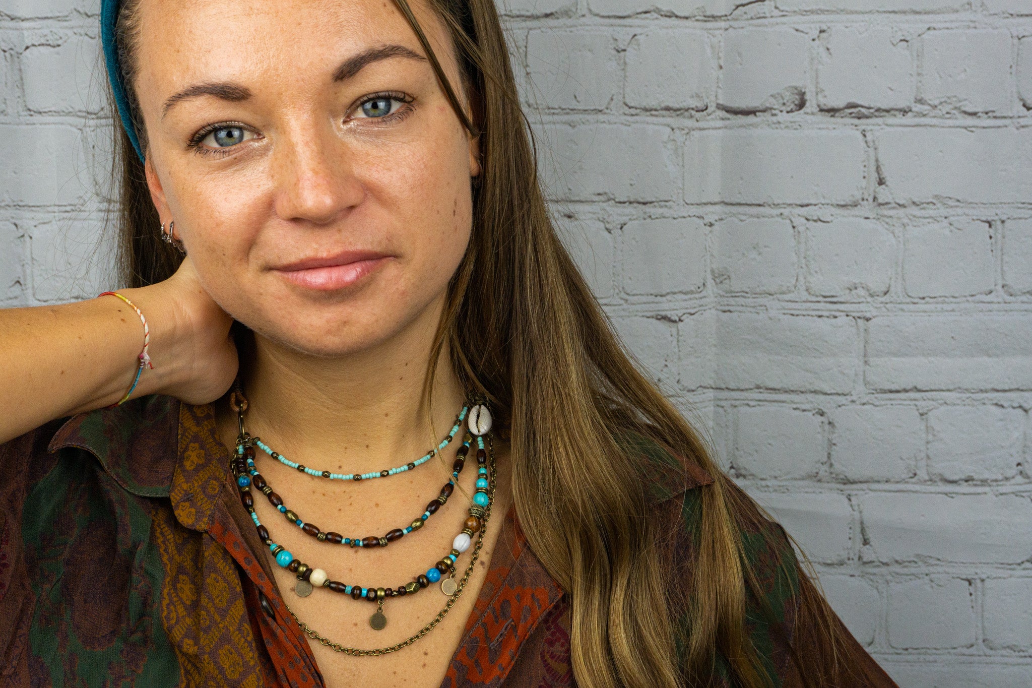 boho statement layered festival necklace set for women made of wood, turquoise bronze chain