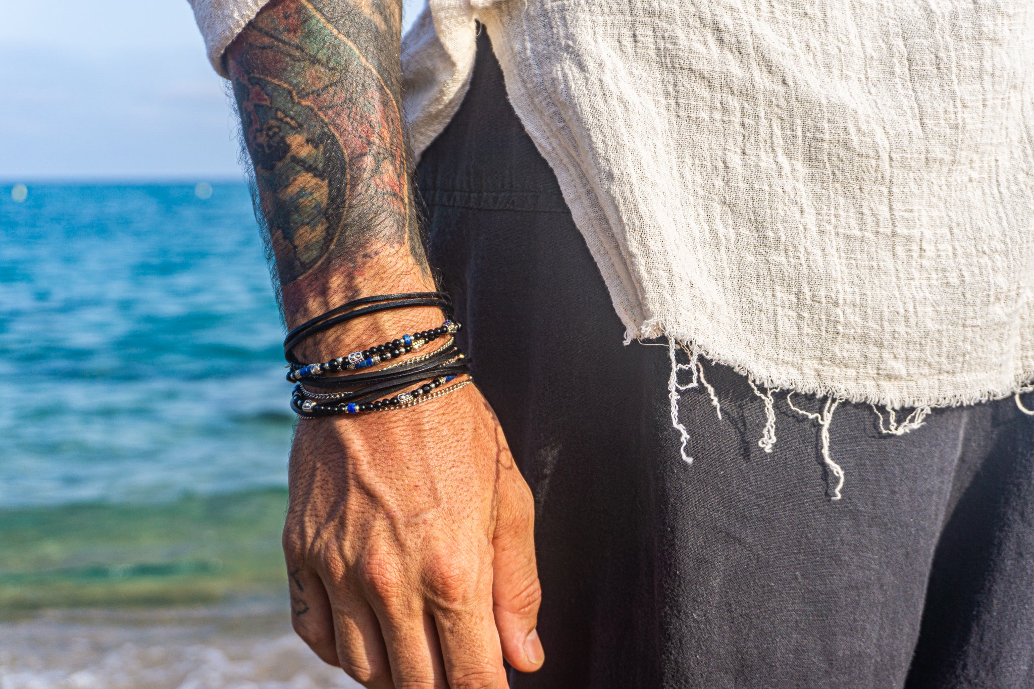 mens black onyx, lapis lazuli gemstone, and chain wrap bracelet - wander jewellery