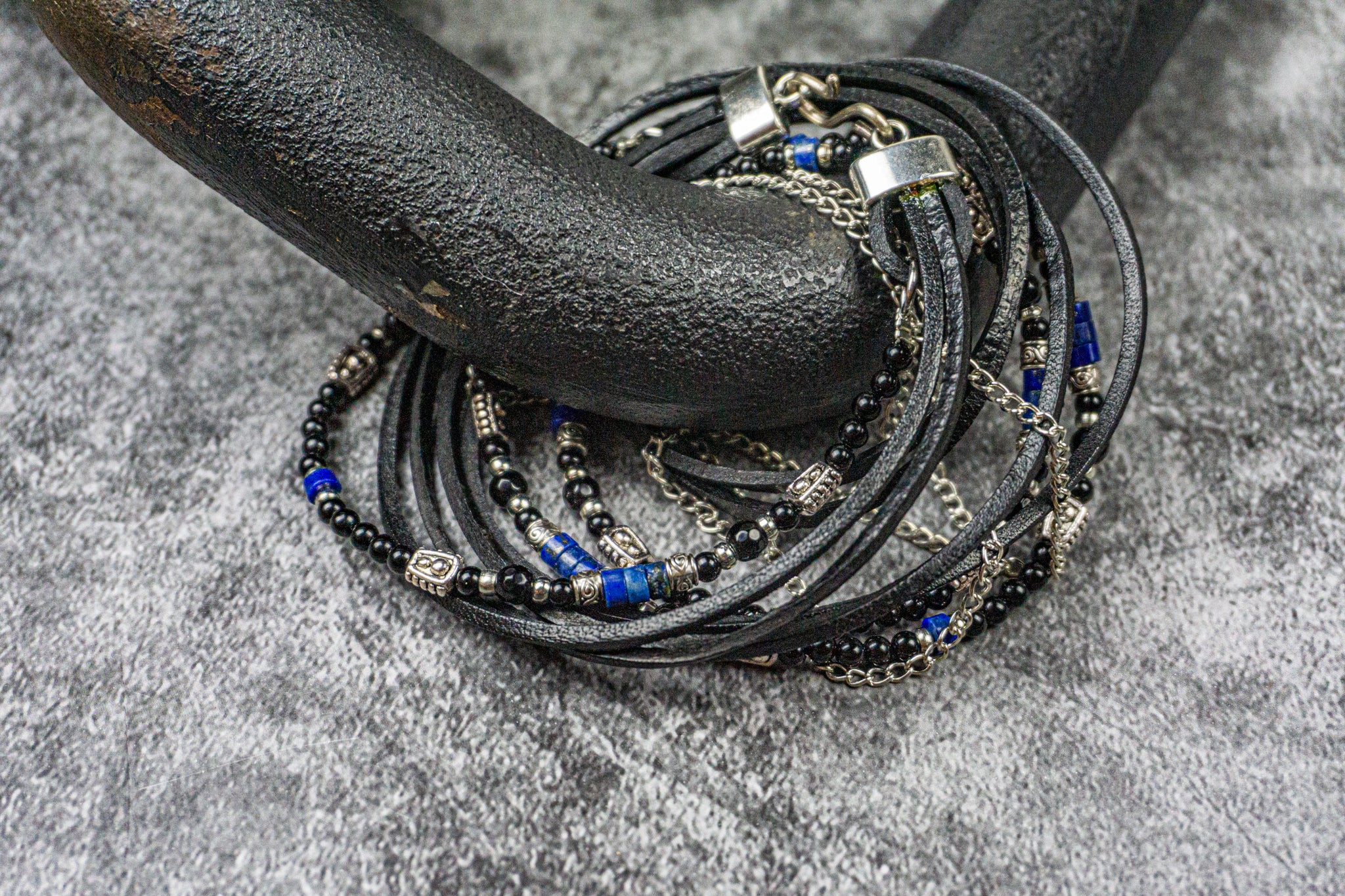 black leather onyx, lapis lazuli gemstone, and chain wrap bracelet set_ wander jewellery