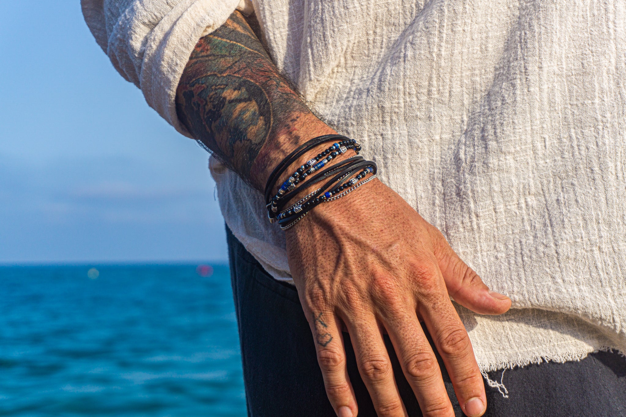 mens black onyx, lapis lazuli gemstone, and chain wrap bracelet set_ wander jewellery