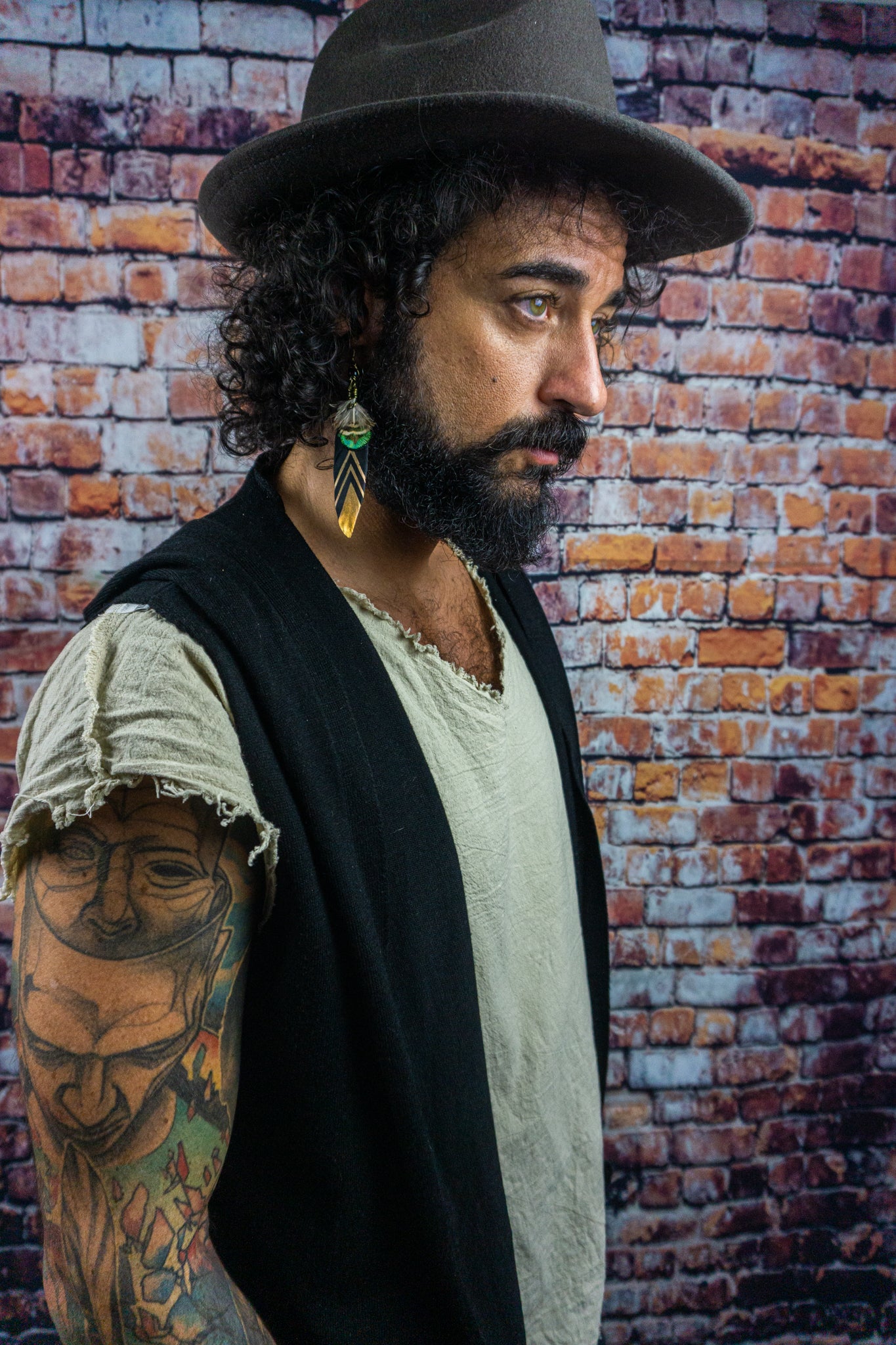 black gold feather mens single earring- Wander Jewellery