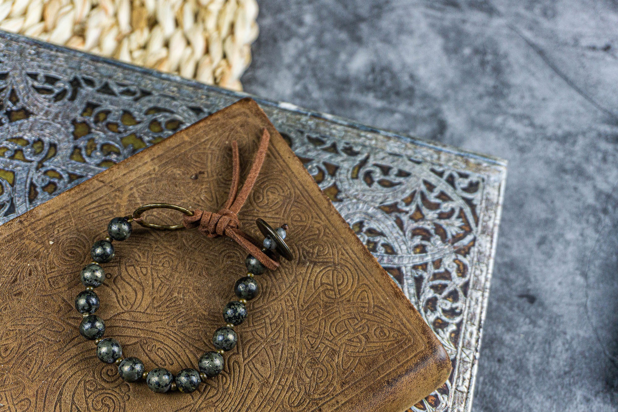 antique coin leather pyrite gemstone bead bracelet