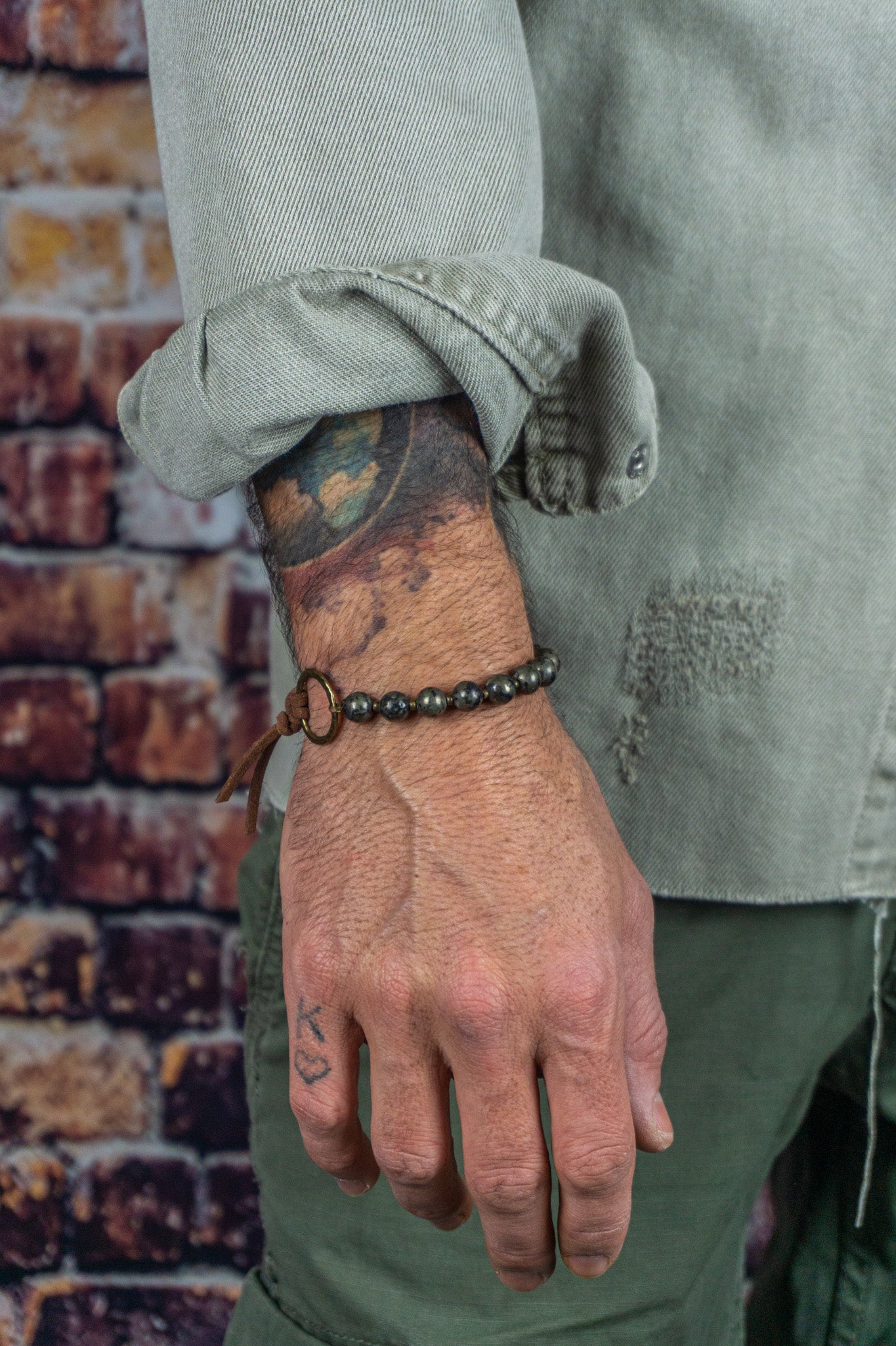 antique coin leather pyrite gemstone bracelet