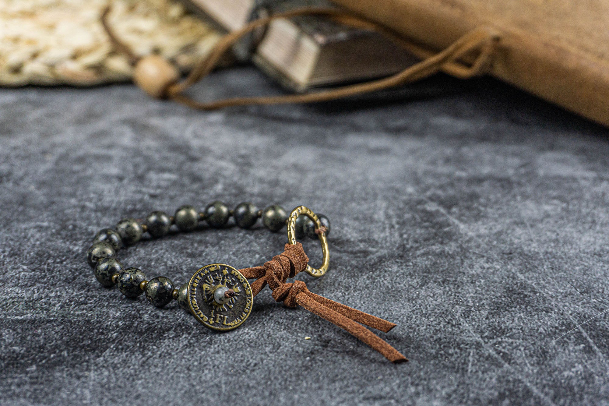 antique coin leather pyrite gemstone beaded bracelet men