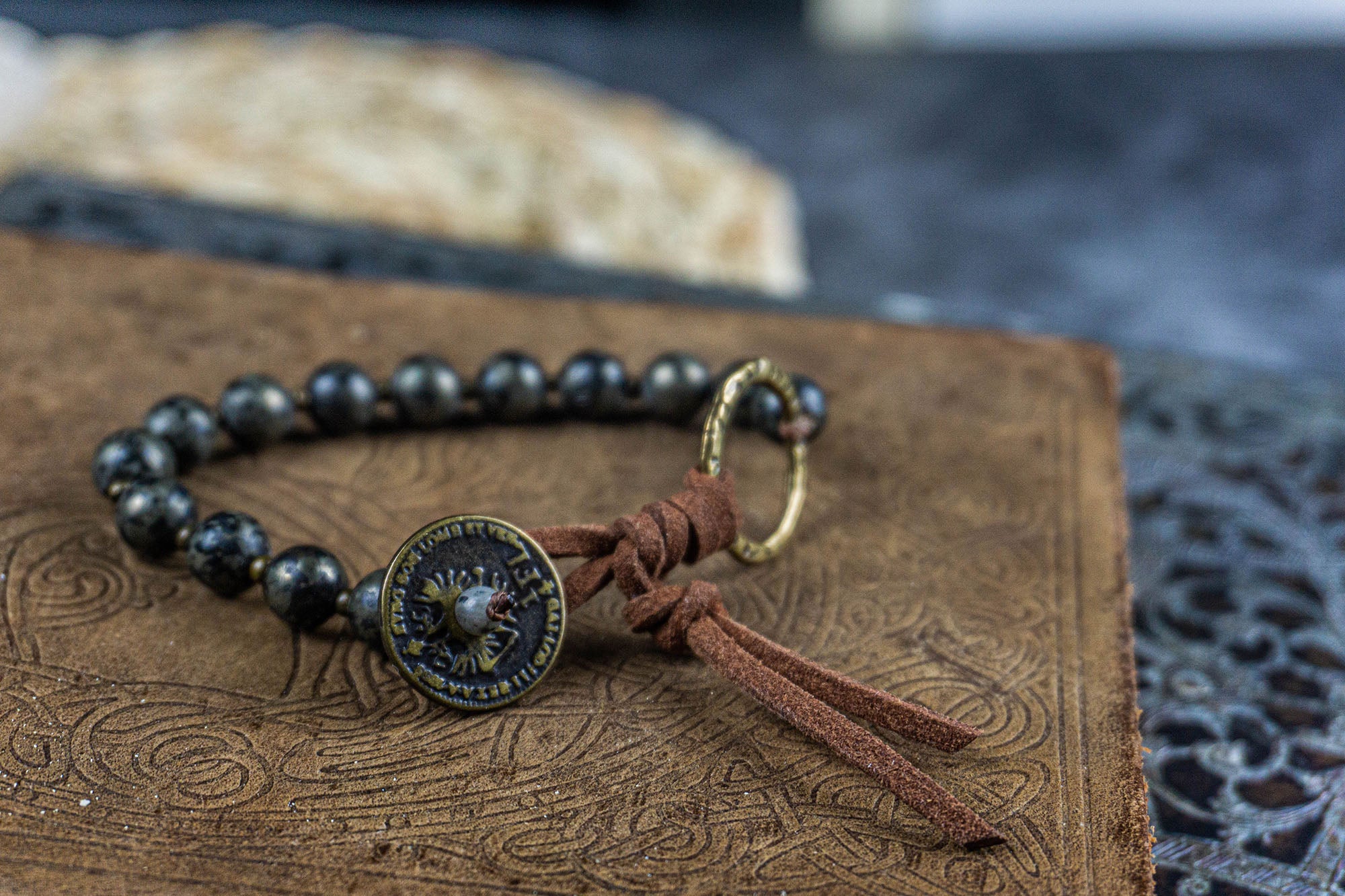 ancient coin leather pyrite gemstone beaded bracelet