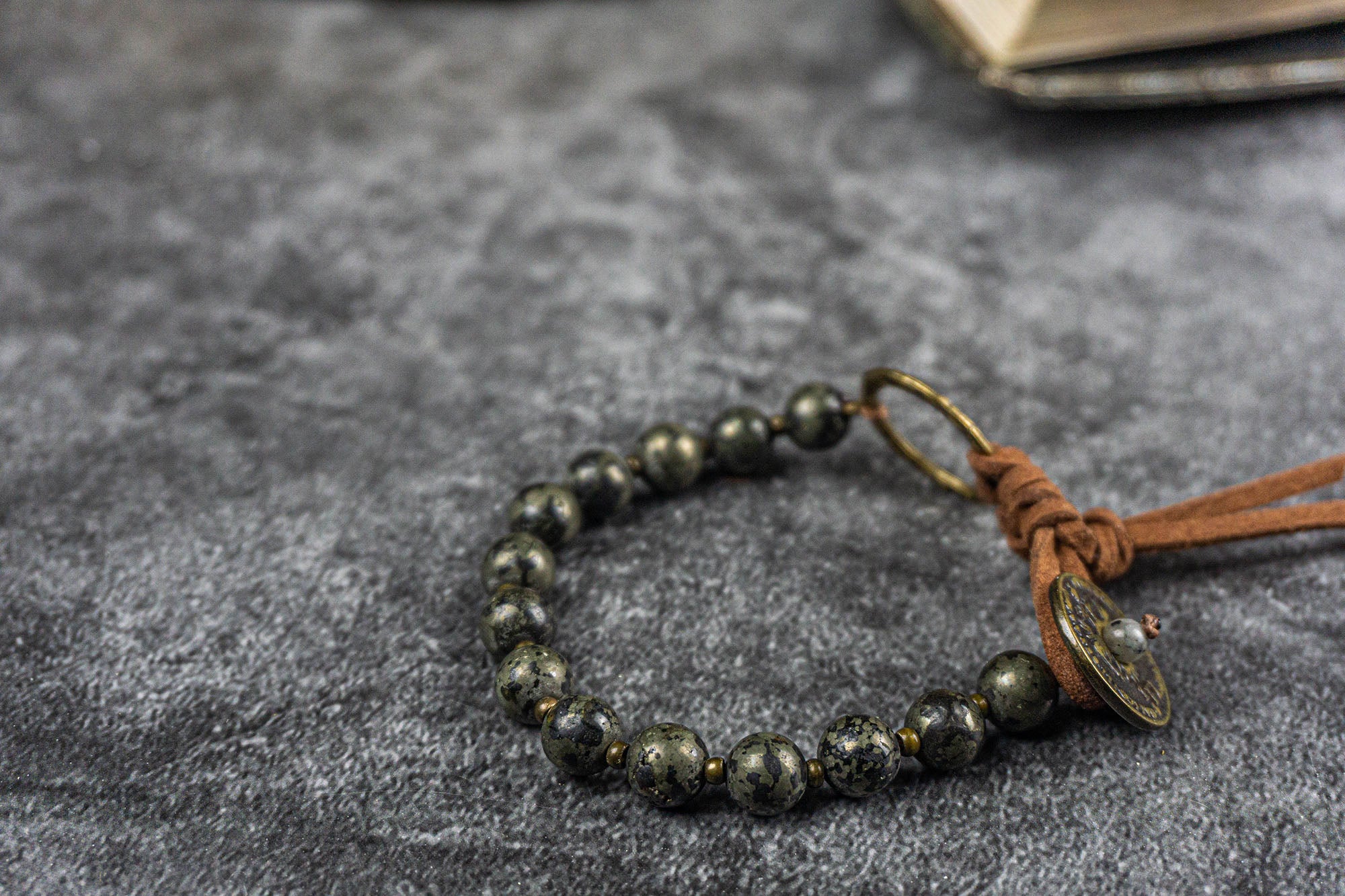 mens antique coin leather pyrite gemstone beaded bracelet