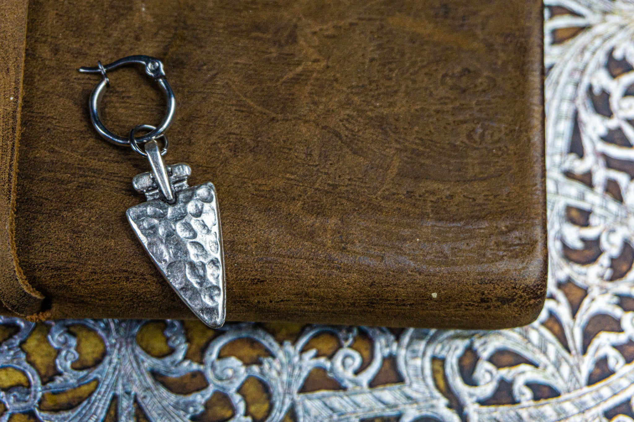 stainless steel hoop earring with a silver hammered triangle charm-wander jewellery