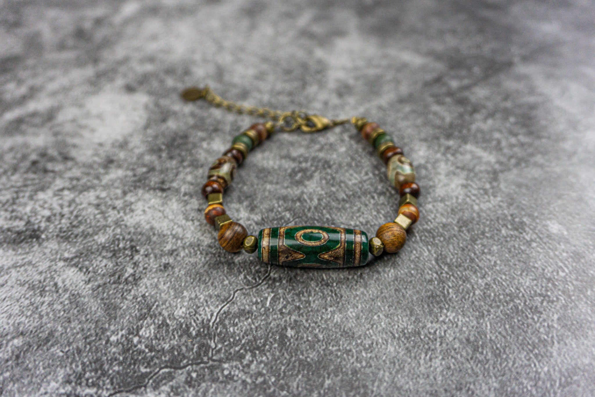 wood beaded bracelet with different tibetan agate gemstone in different size and shapers- wander jewellery