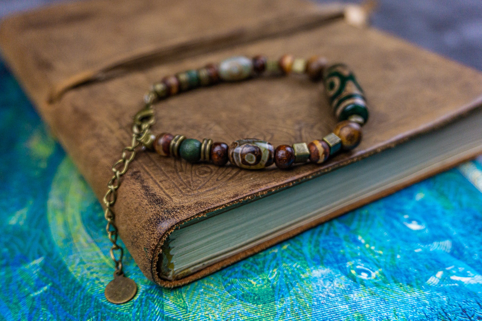 wooden bracelet with different tibetan agate gemstone in different size and shapers- wander jewellery