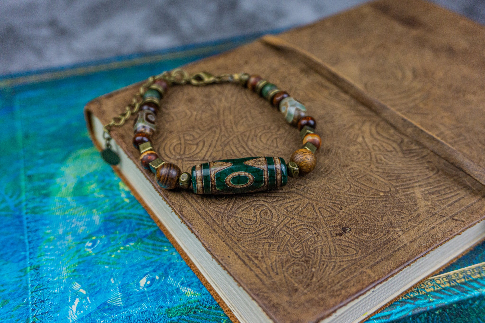 wood bracelet with different tibetan agate gemstone in different size and shapers- wander jewellery