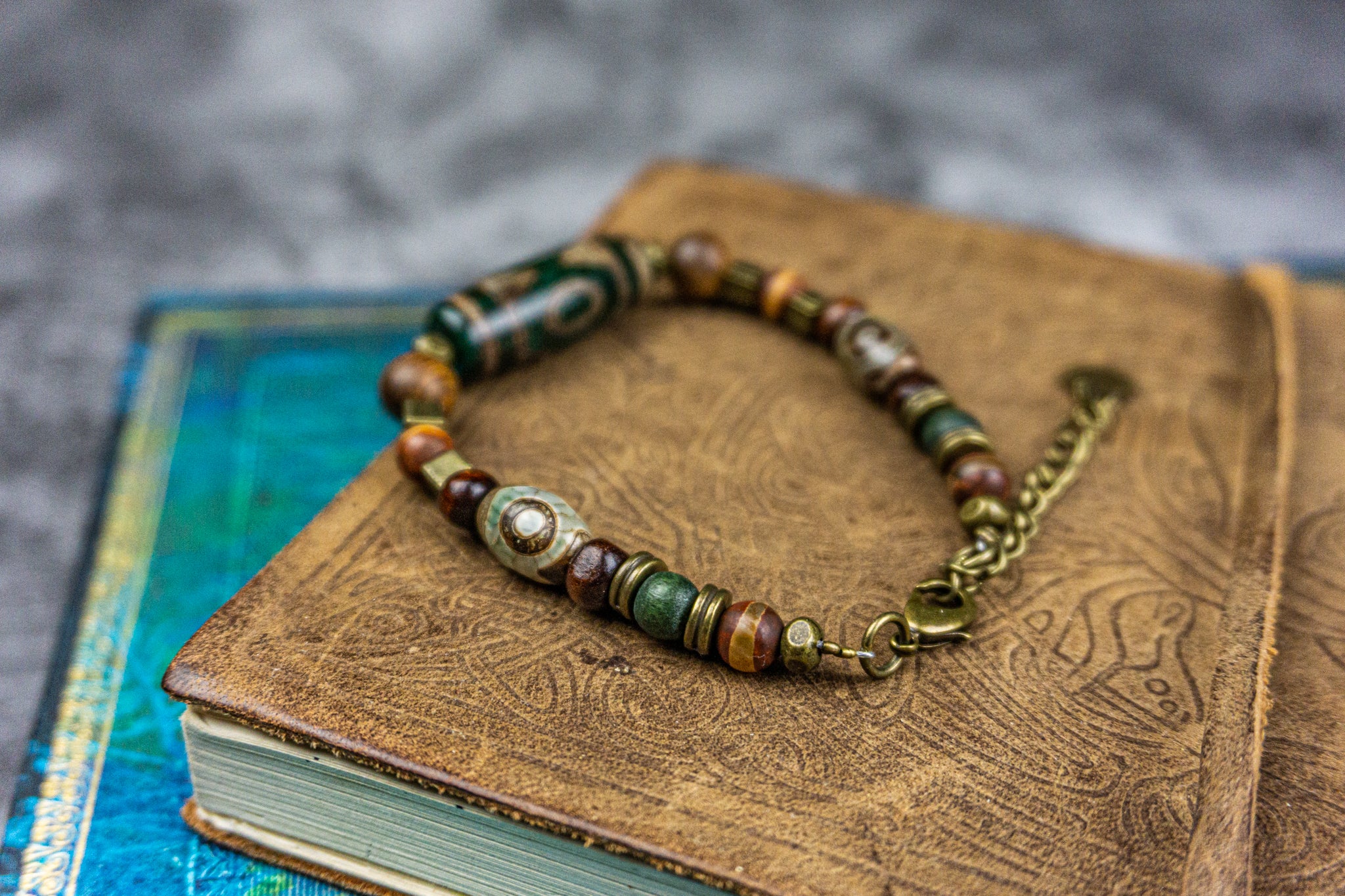 wood bracelet with different tibetan agate gemstone in different size and shapers- wander jewellery
