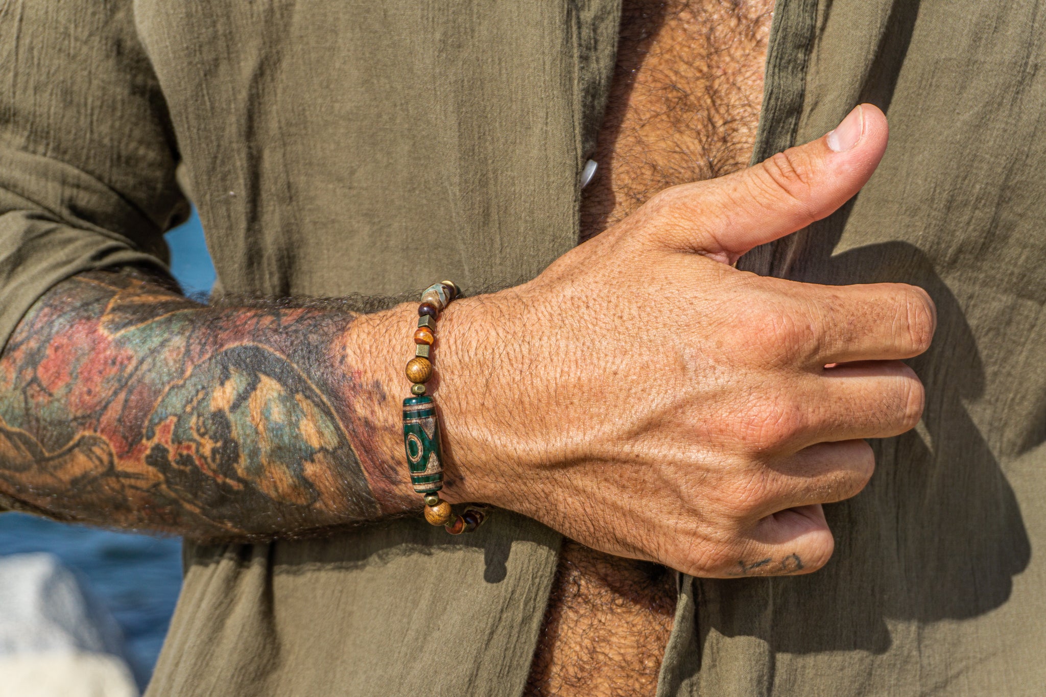 mens wood bracelet with different tibetan agate gemstone in different size and shapers- wander jewellery