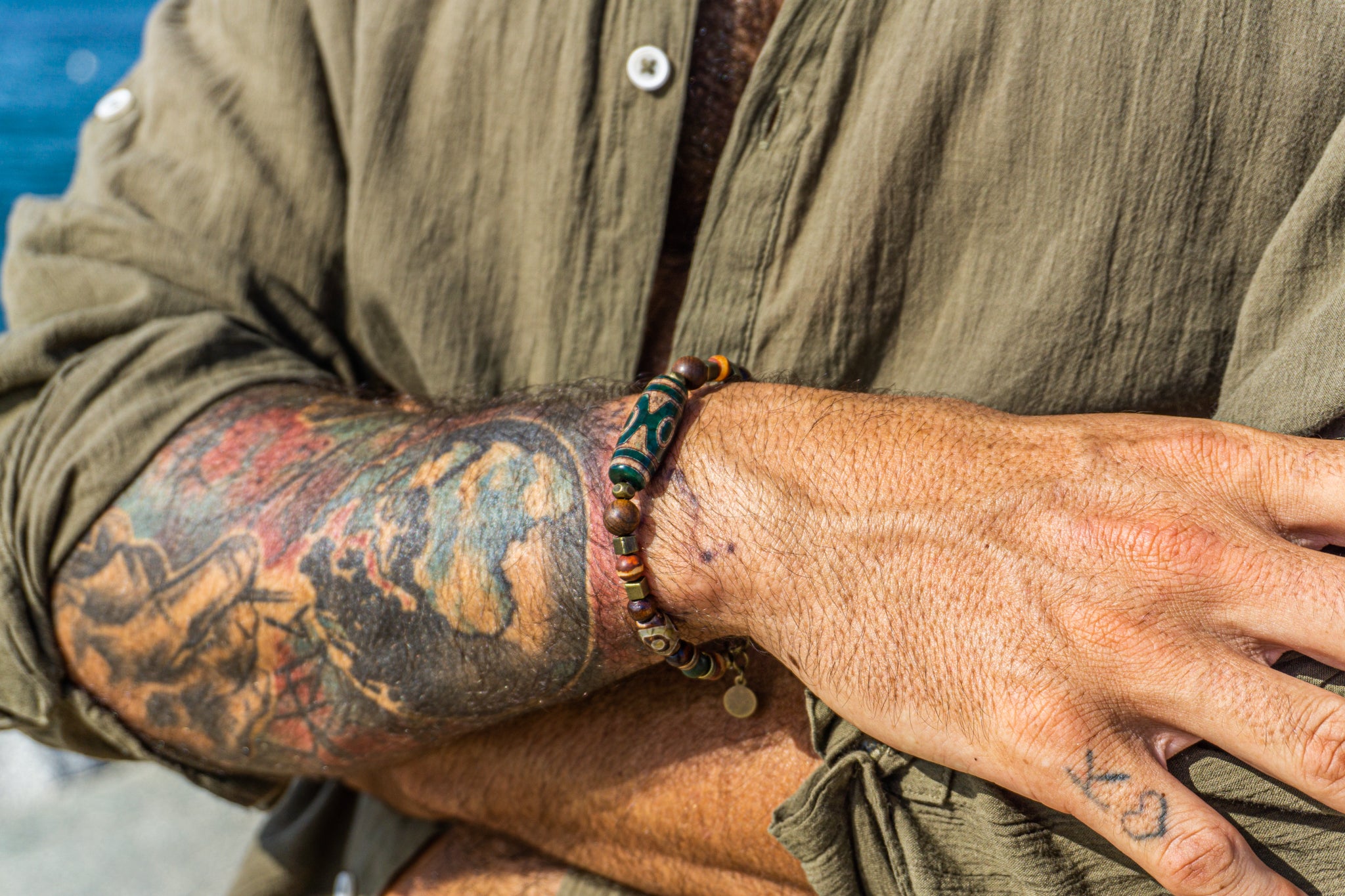 mens wood beaded bracelet with different tibetan agate gemstone in different size and shapers- wander jewellery
