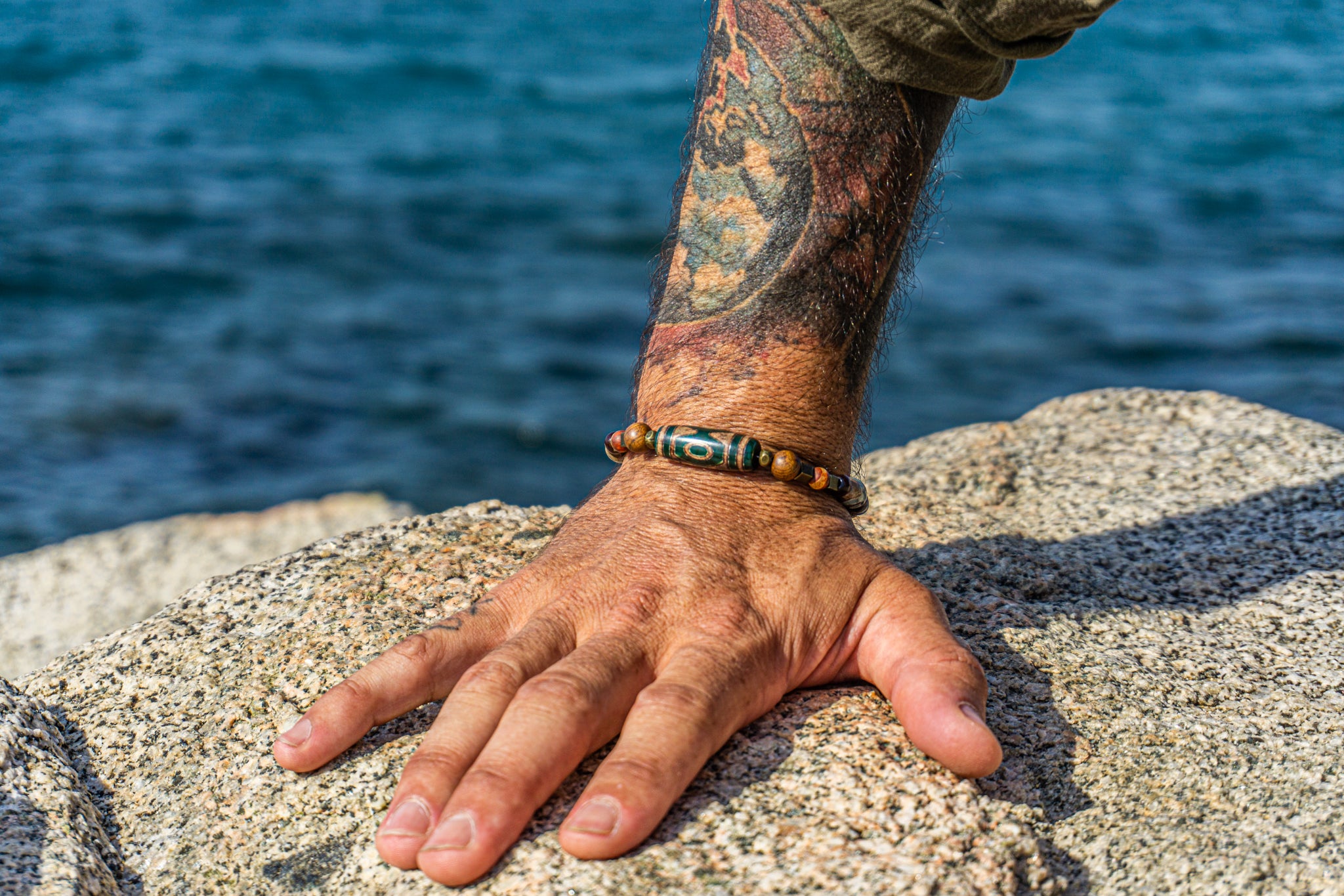 mens wooden bead bracelet with different tibetan agate gemstone in different size and shapers- wander jewellery