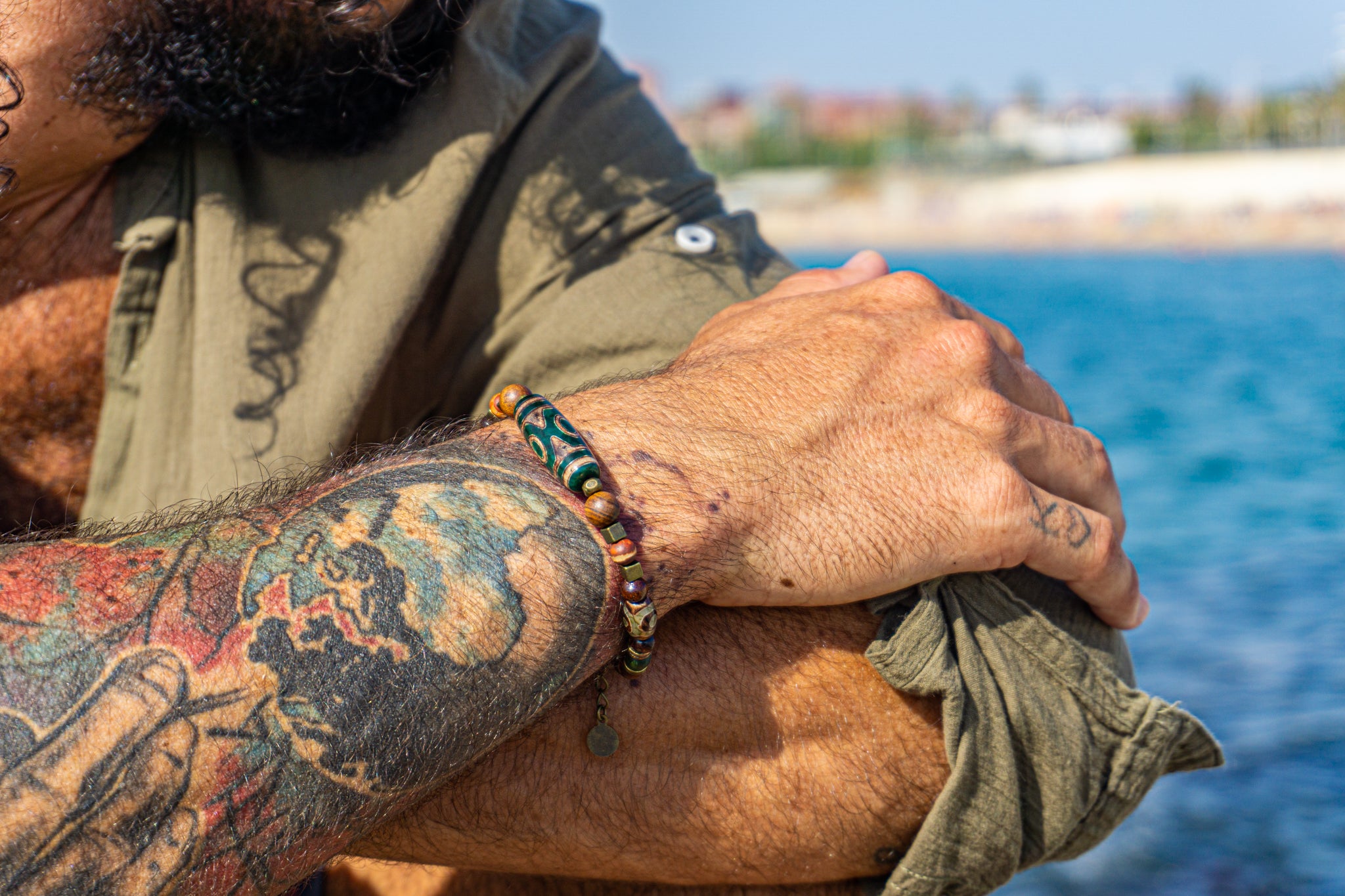 mens wooden beade bracelet with different tibetan agate gemstone in different size and shapers- wander jewellery