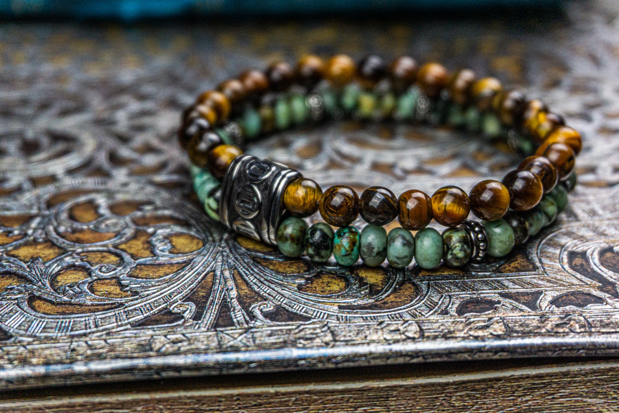 mens tiger eye & turquoise double gemstone bracelet- wander jewellery