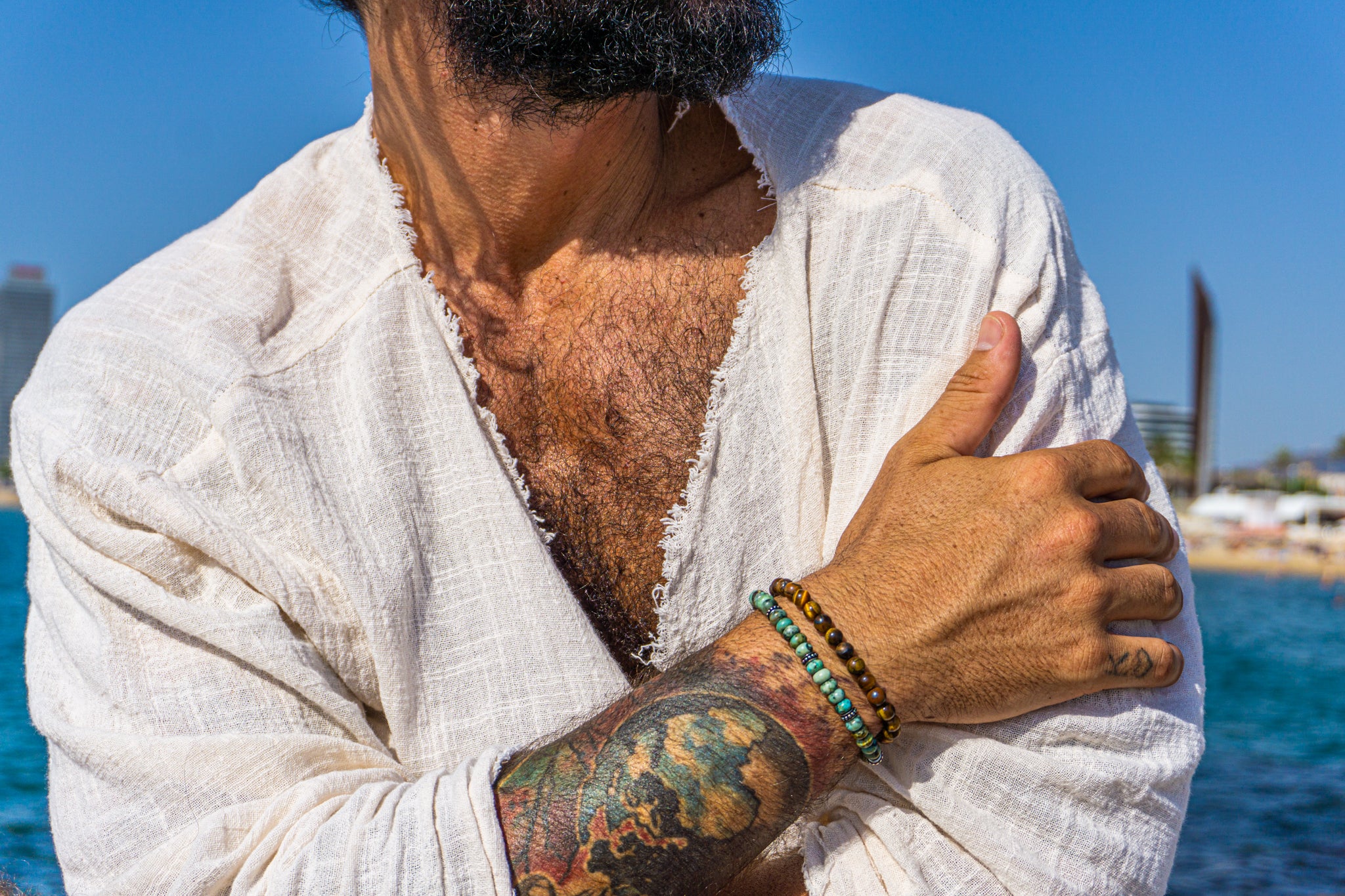 mens tiger eye and turquoise double gemstone bracelet set- wander jewellery