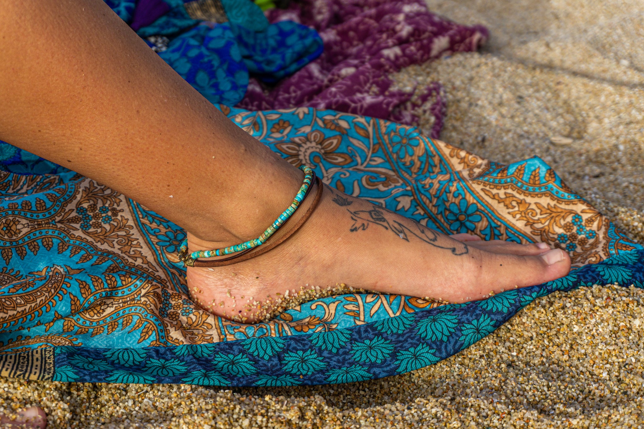 womens turquoise gemstone bead and leather layered summer beach anklet- wander jewellery