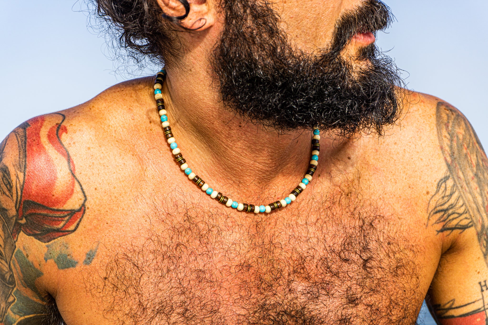 mens wood and turquoise beaded surfer choker necklace- wander jewellery