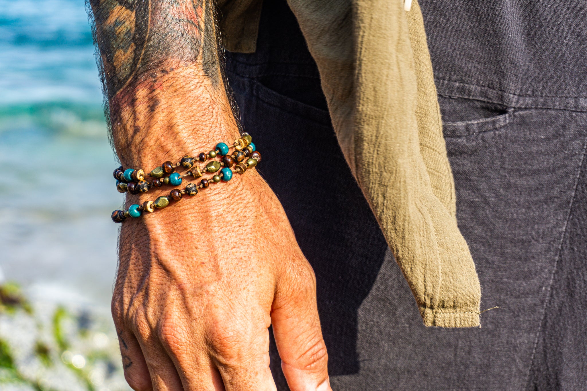 mens boho beaded multi stone wrap bracelet- wander jewellery