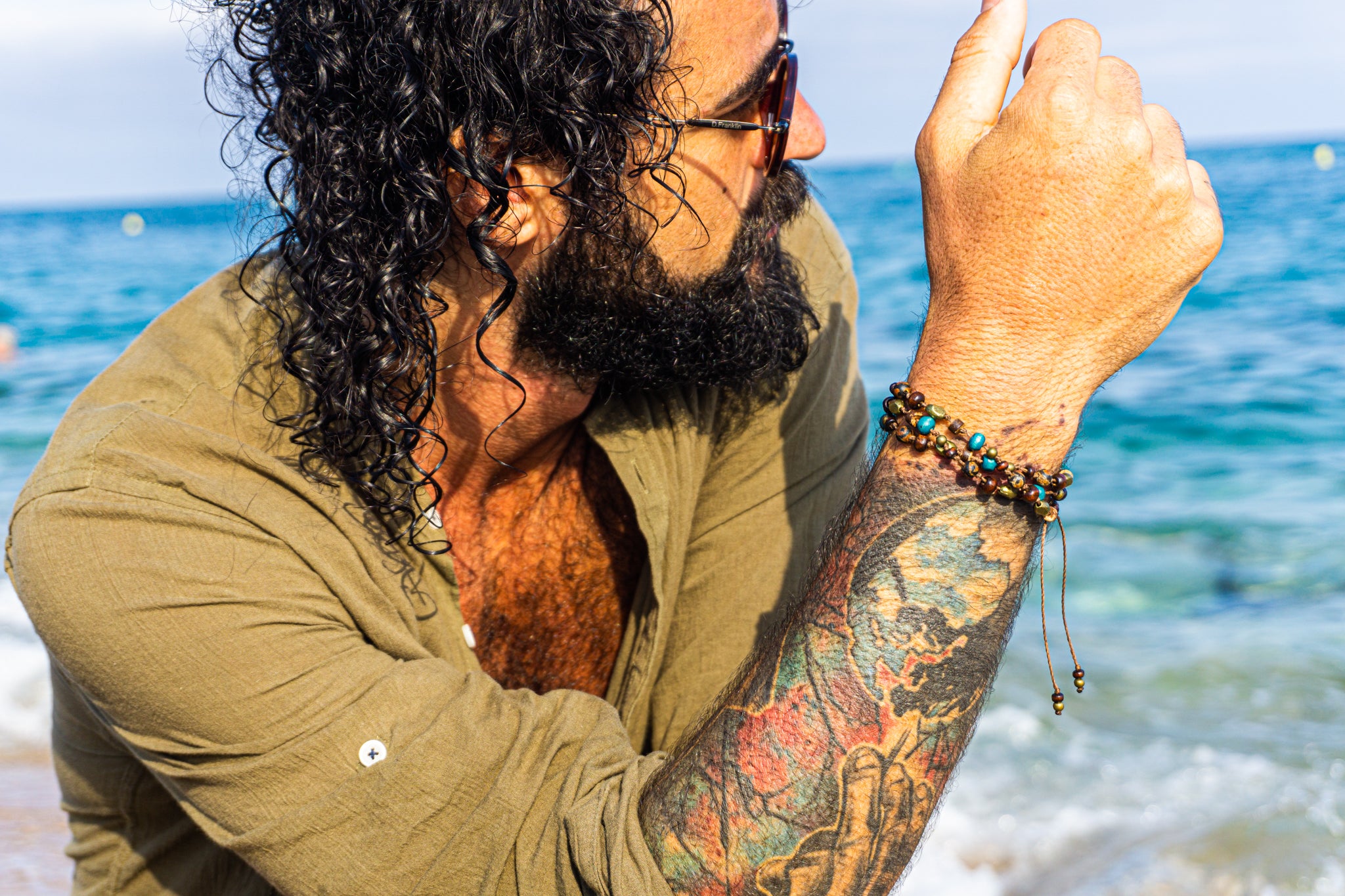 mens boho beaded wood gemstone and brnze beads wrap bracelet- wander jewellery