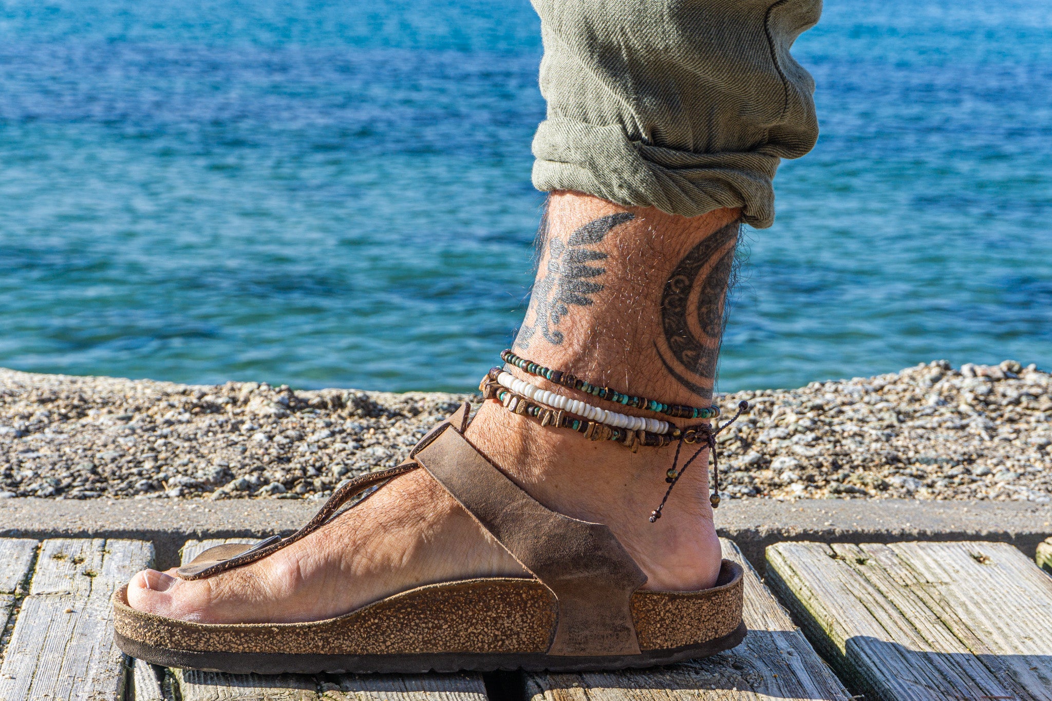 mens double coconut wood and shell anklet set- wander jewellery