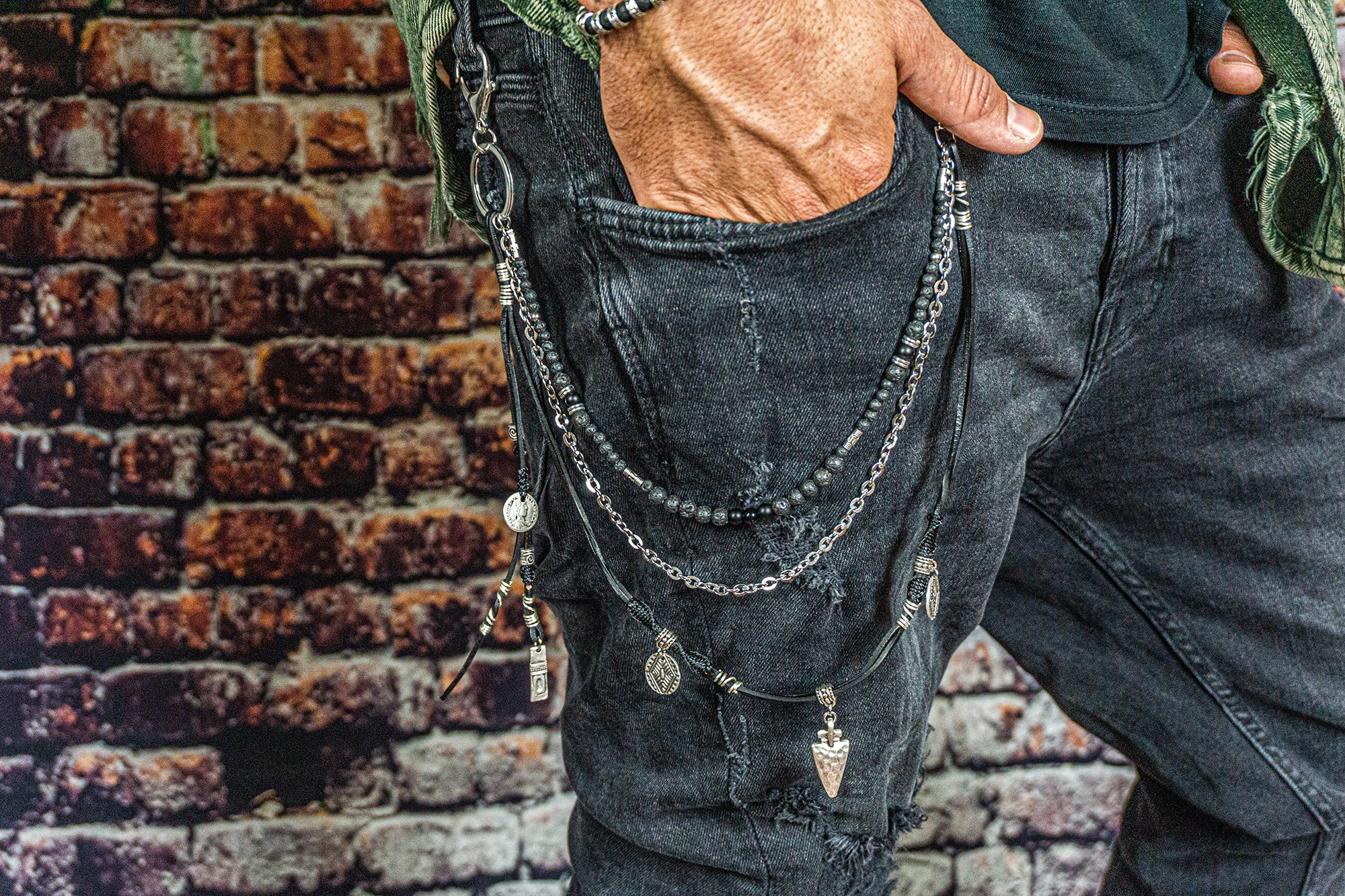 beaded pants key chain with gemstone leather and silver charms- wander jewellery