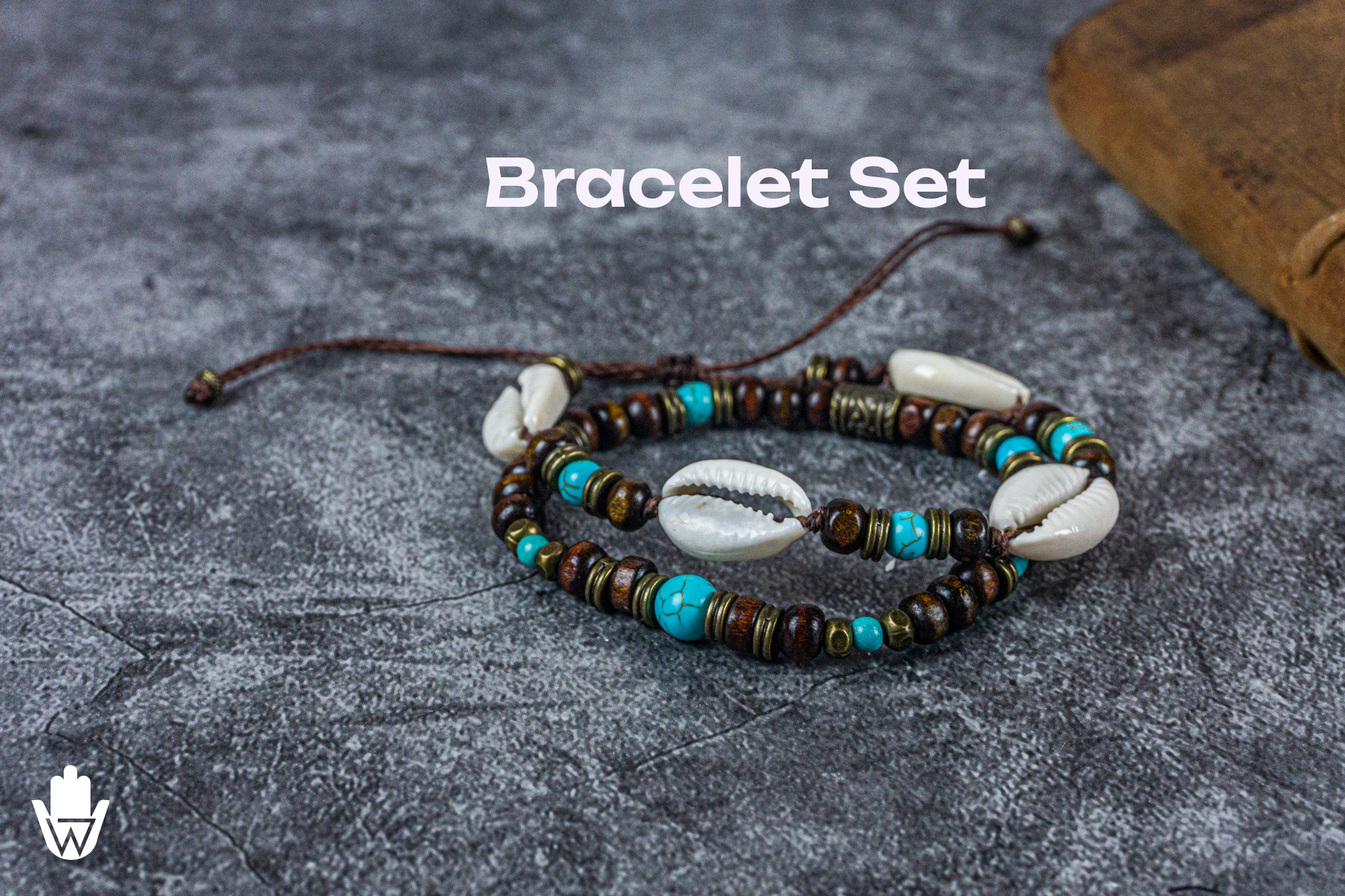 bracelet set made of wood beads, turquoise gemstones, cowrie shells and brass details- wander jewellery