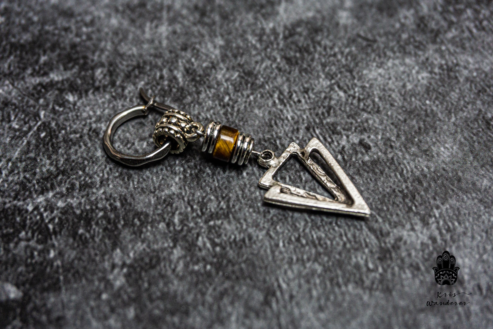 stainless steep hoop single earring with tiger eye gemstone and triangle dangle charm- wander jewellery