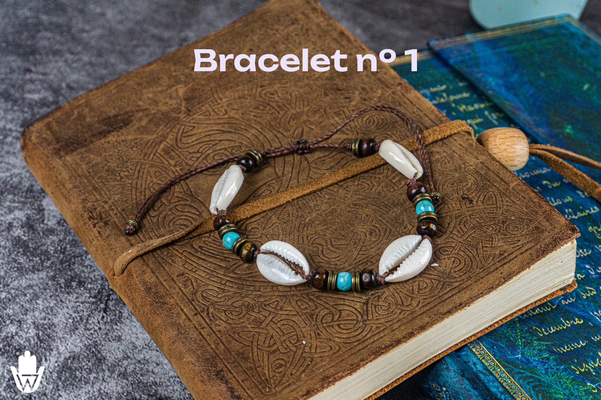 bracelet made of wooden beads, turquoise gemstones, cowrie shells and brass details- wander jewellery