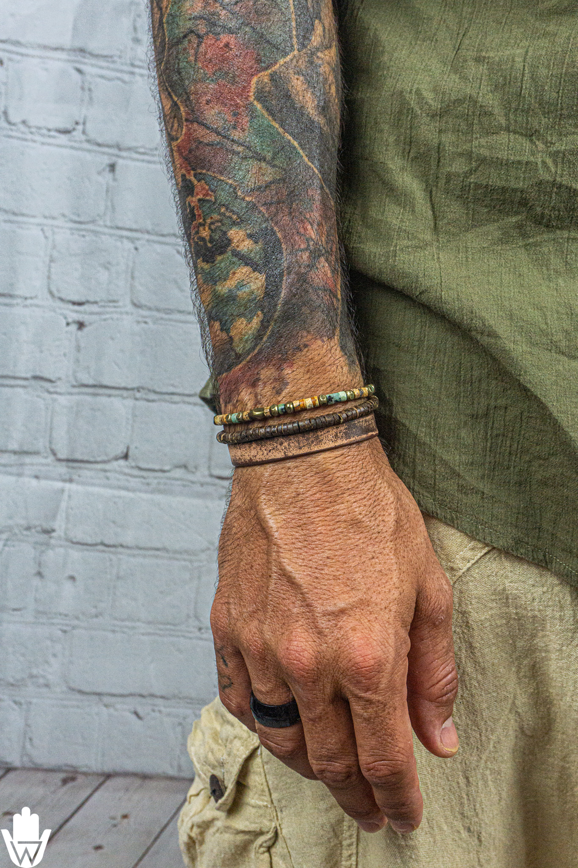 mens triple bracelet set made of natural jasper, coconut and leather- wander jewellery