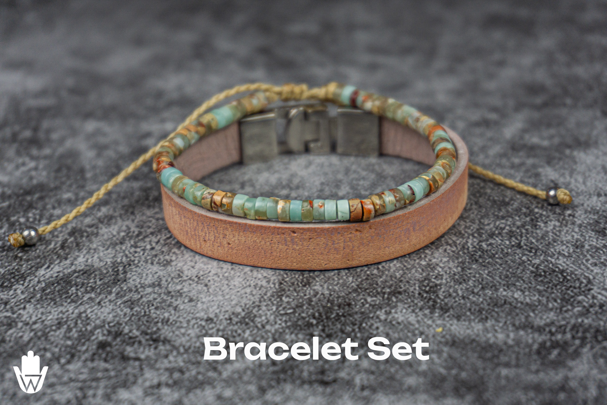 Unisex Leather Gemstone Stacking Bracelet Set