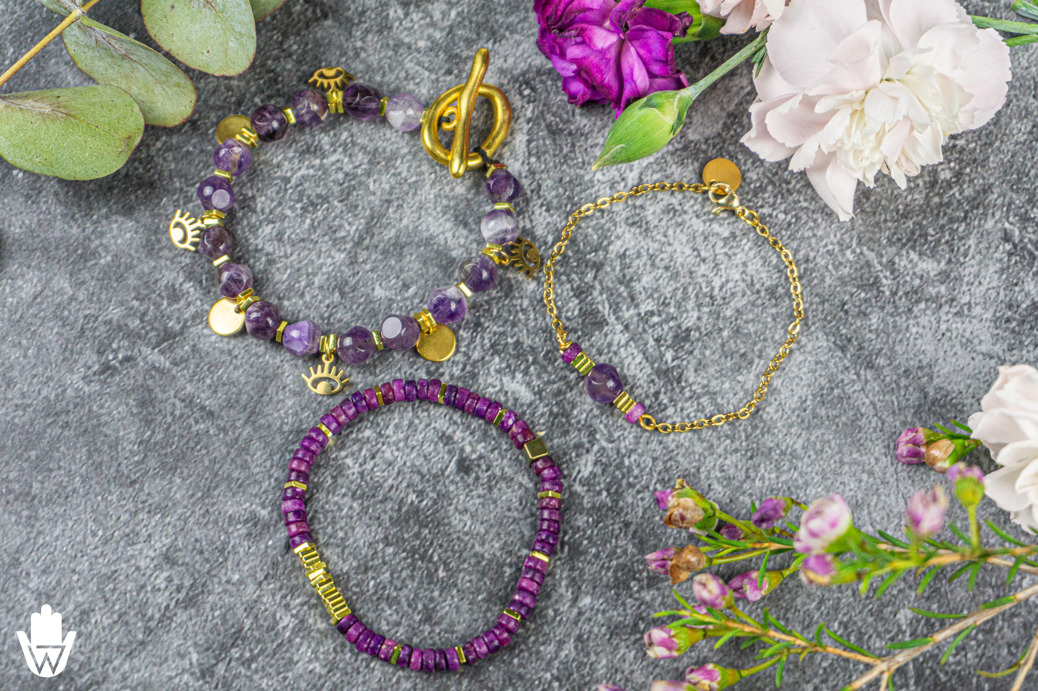 Amethyst and lepidolite purple gemstone beaded bracelet set with golden stainless steel chain and golden charms- wander jewellery