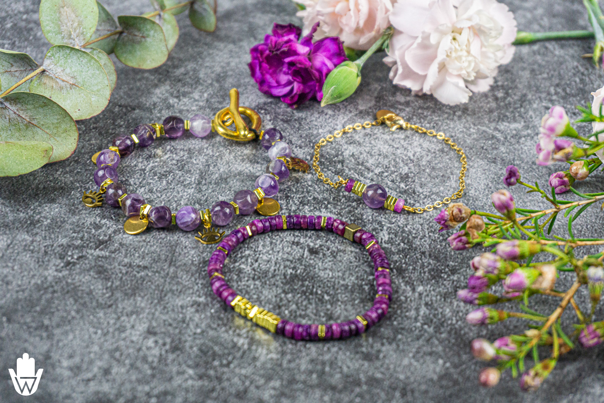 Amethyst and lepidolite gemstone beaded bracelet set with golden stainless steel chain and golden charms- wander jewellery