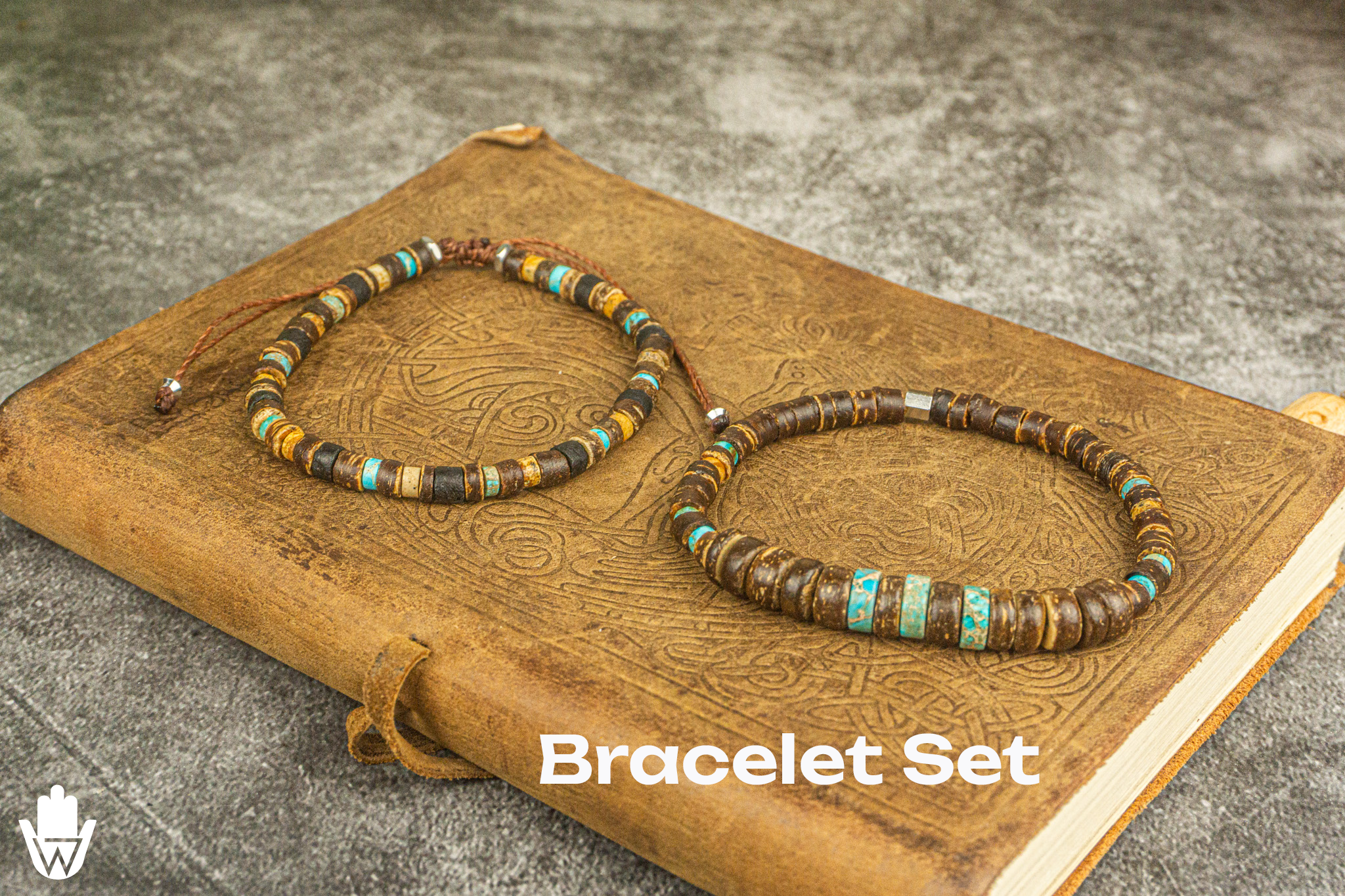 coconut and imperial jasper gemstone beaded bracelet set - wander jewellery