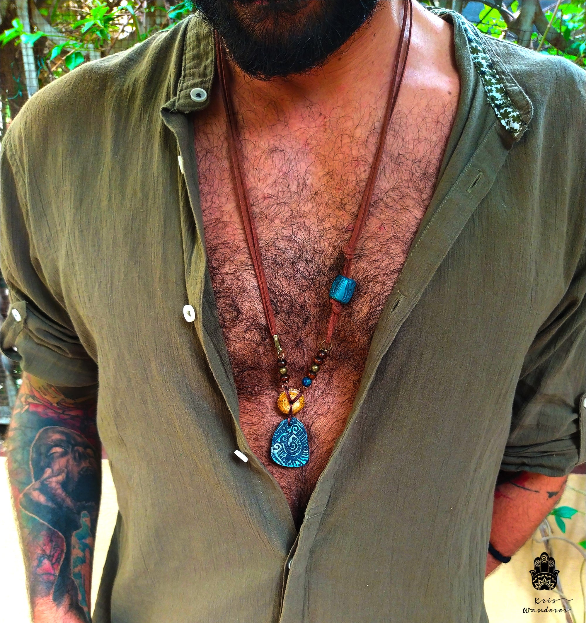 mens faux leather blue pendant necklace- wander jewellery
