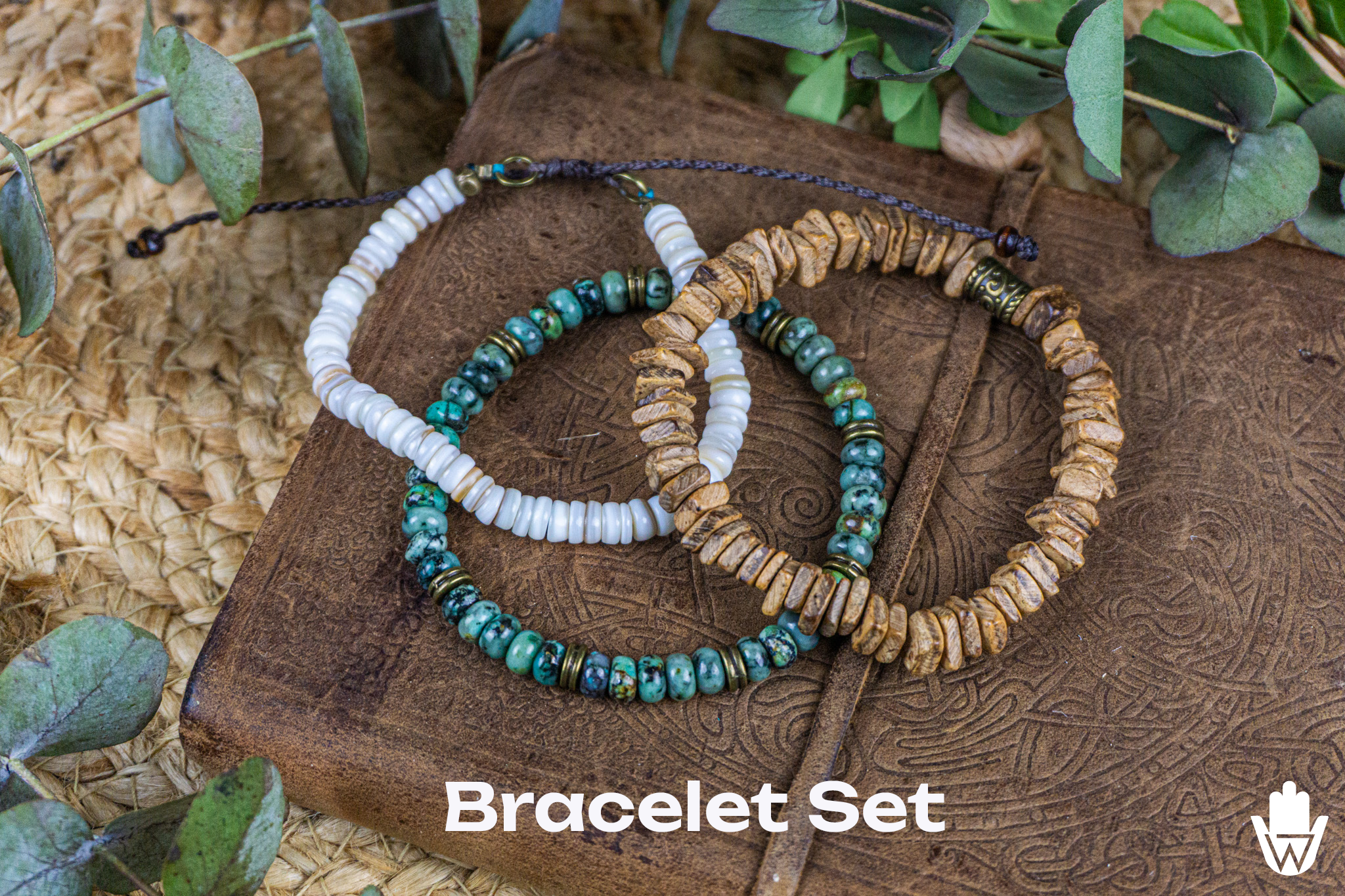 matching bracelet set composed by one green gemstone bracelet, one coconut shell bracelet and one white seashell bracelet- wander jewellery