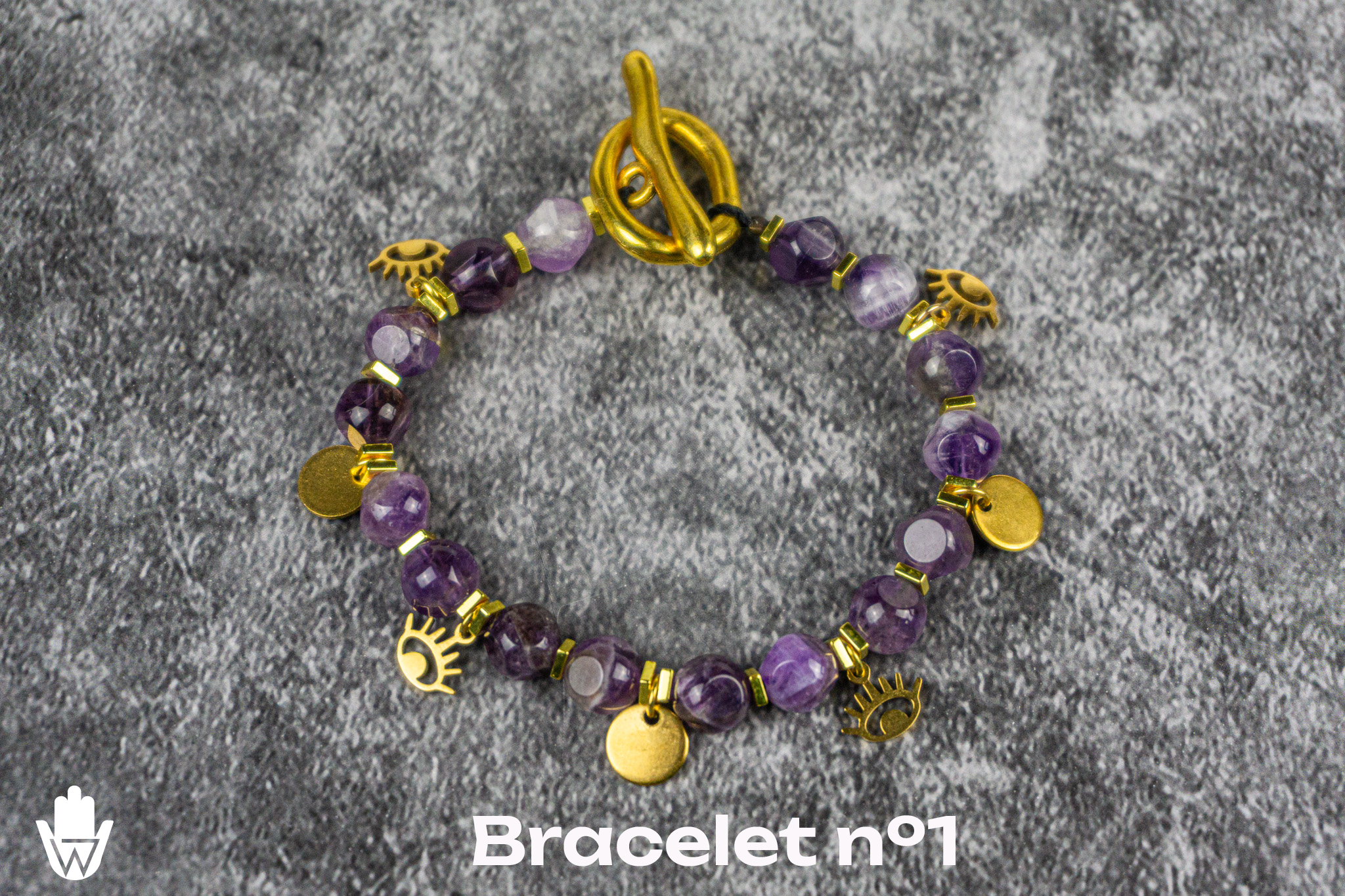 Amethyst  purple gemstone beaded bracelet set with golden charms- wander jewellery