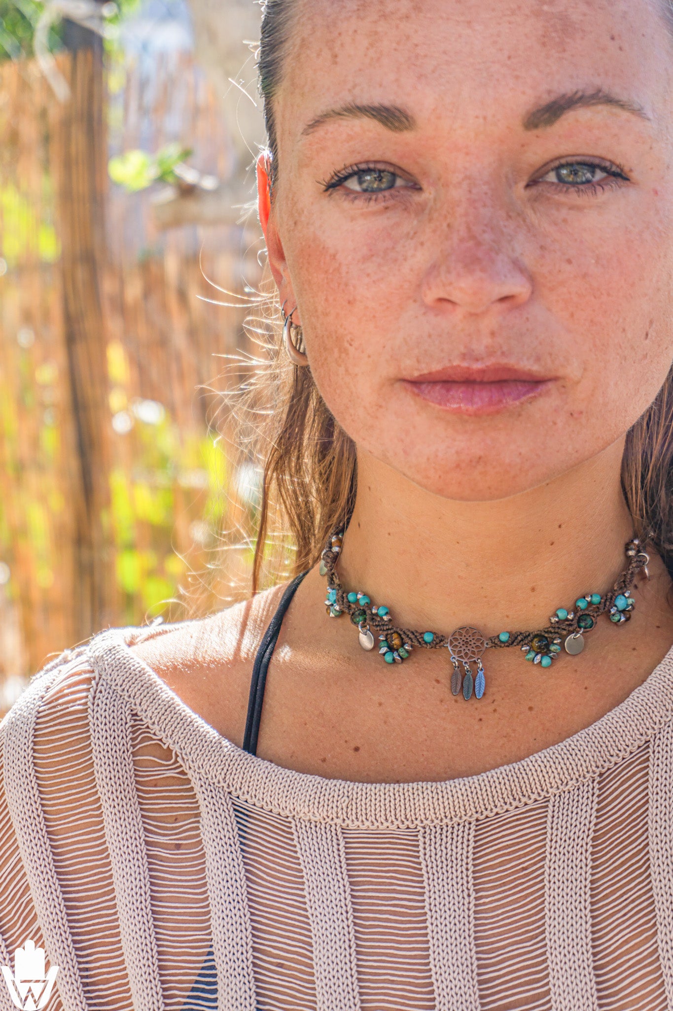 womens boho macrame choker necklace with dreamcatcher and gemstones- wander jewellery