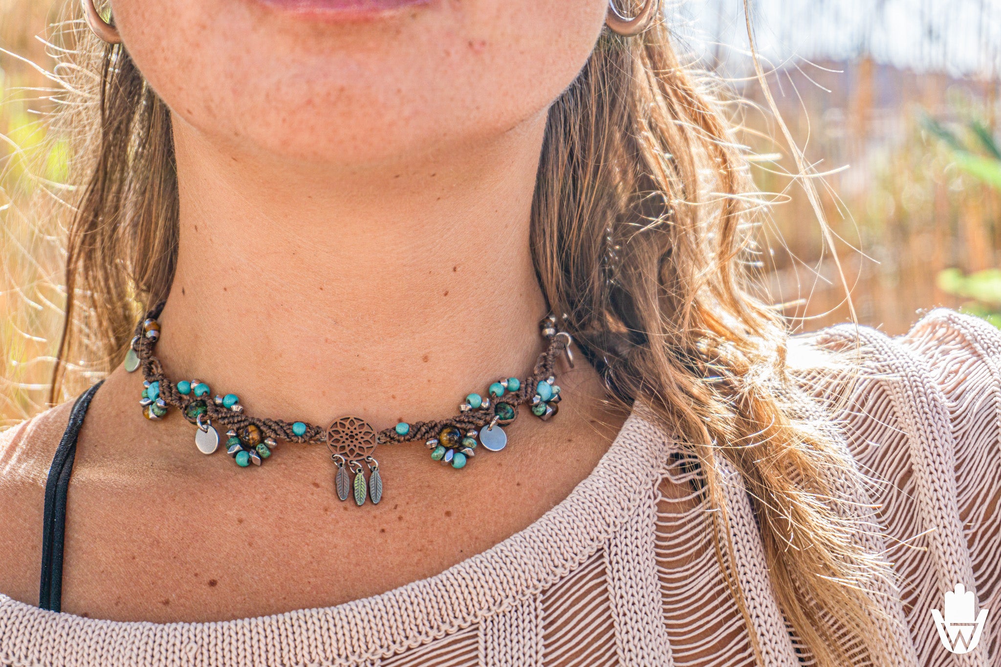 womens macrame choker necklace with dreamcatcher and gemstones- wander jewellery