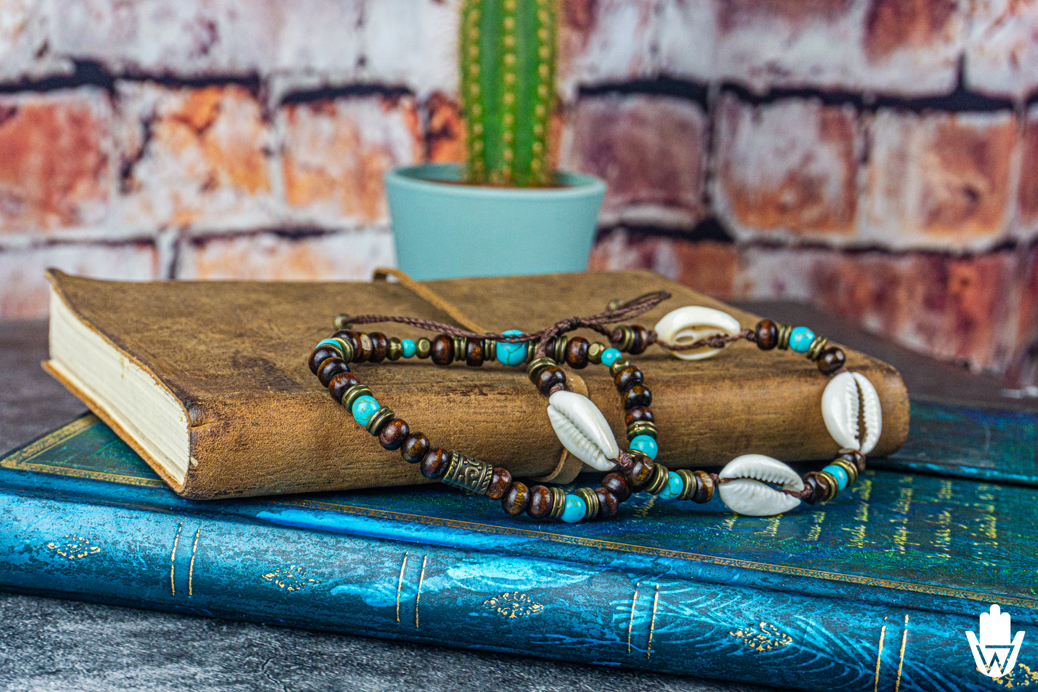bracelet set made of wooden beads, turquoise gemstones, cowrie shells and brass details- wander jewellery