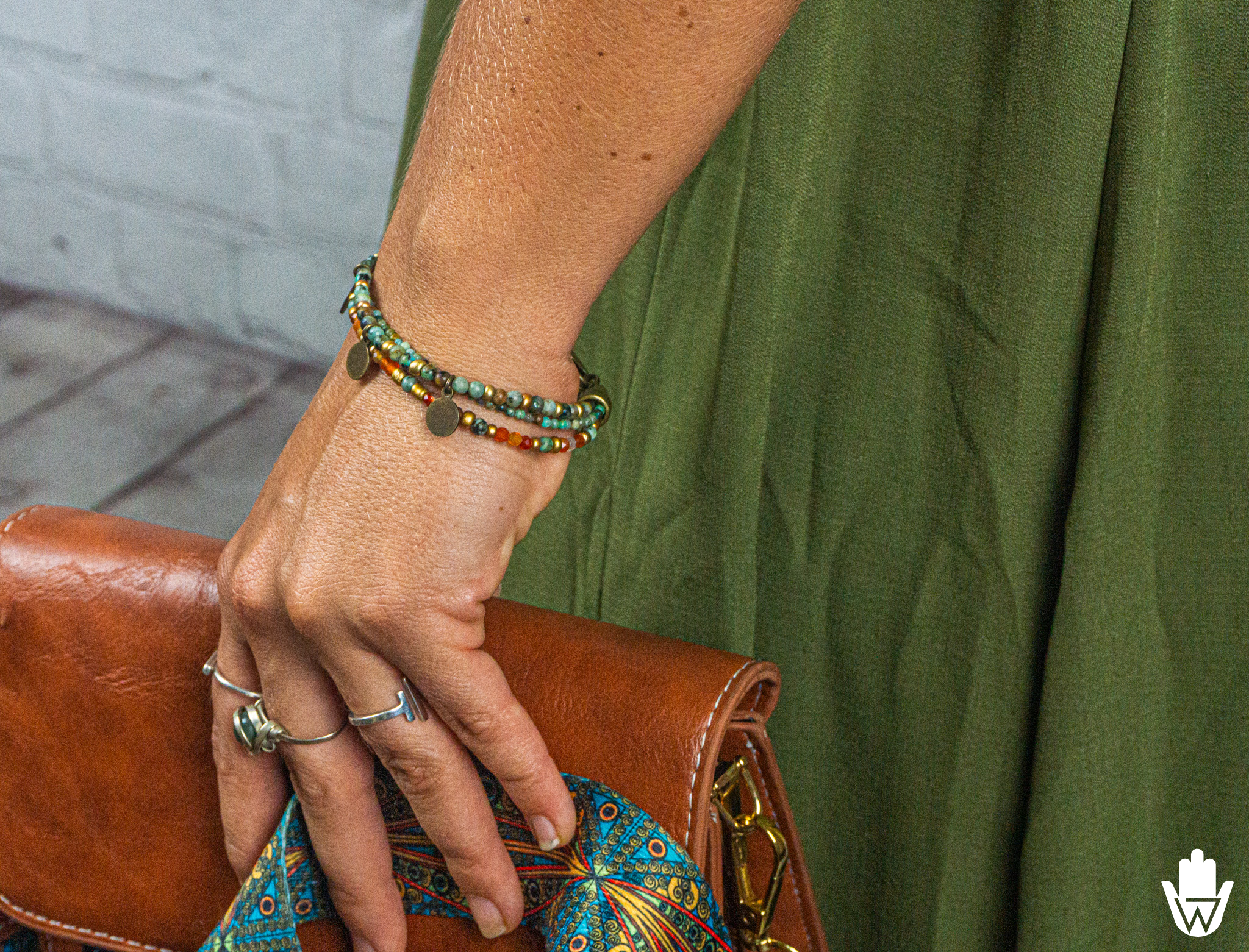 womens boho charm beaded bracelet with orange canelian and green african jasper bead- wander jewellery