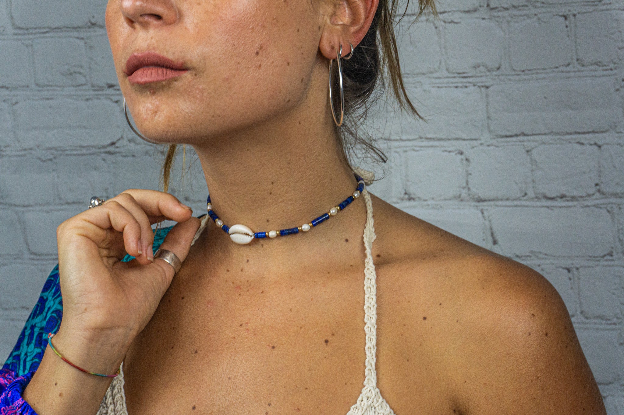 womens boho chic choker necklace made of lapis lazuli heishi beads gemstone, pearl and shell - wander jewellery
