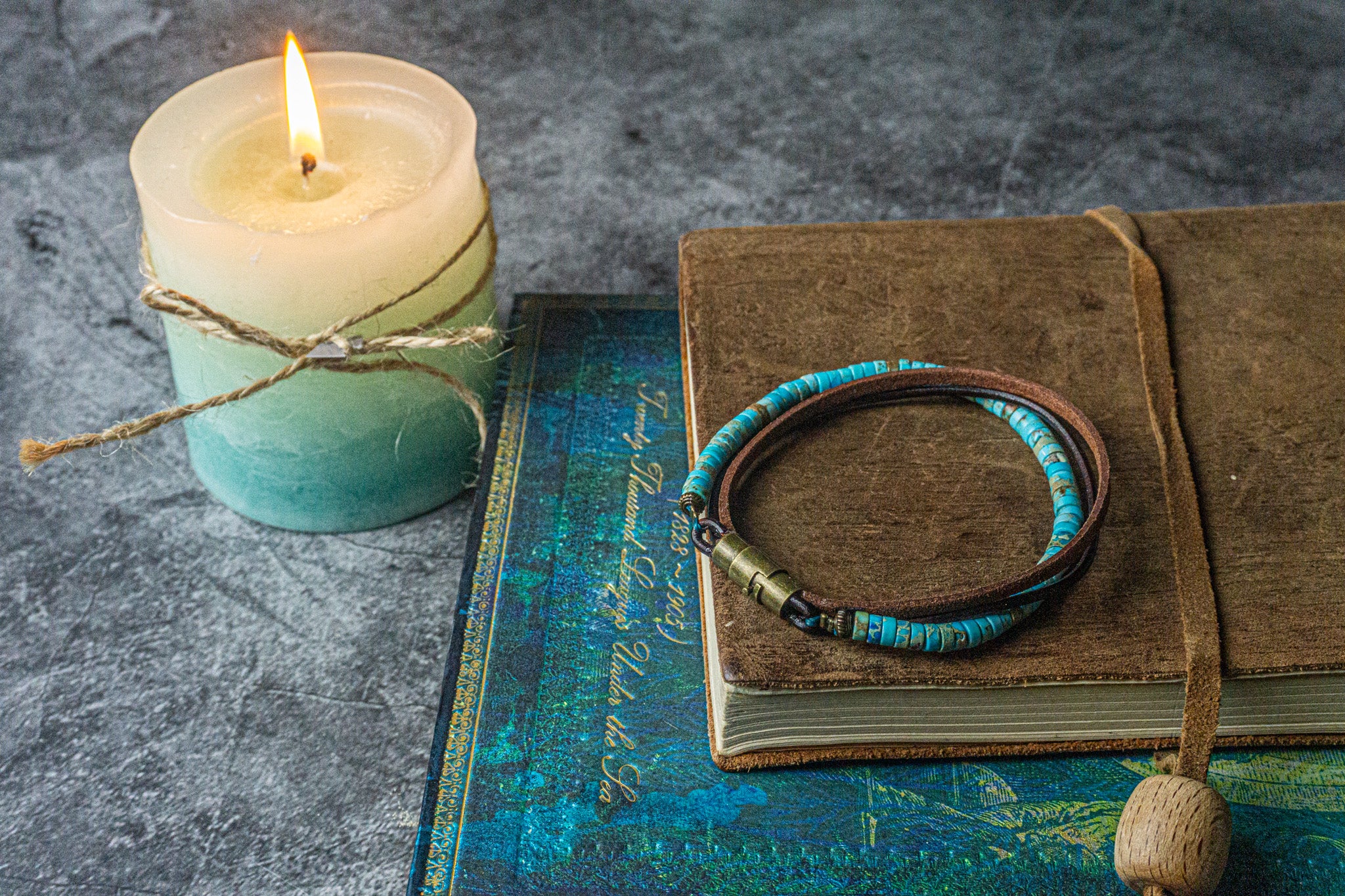 layered bracelet made of turquoise jasper and leather