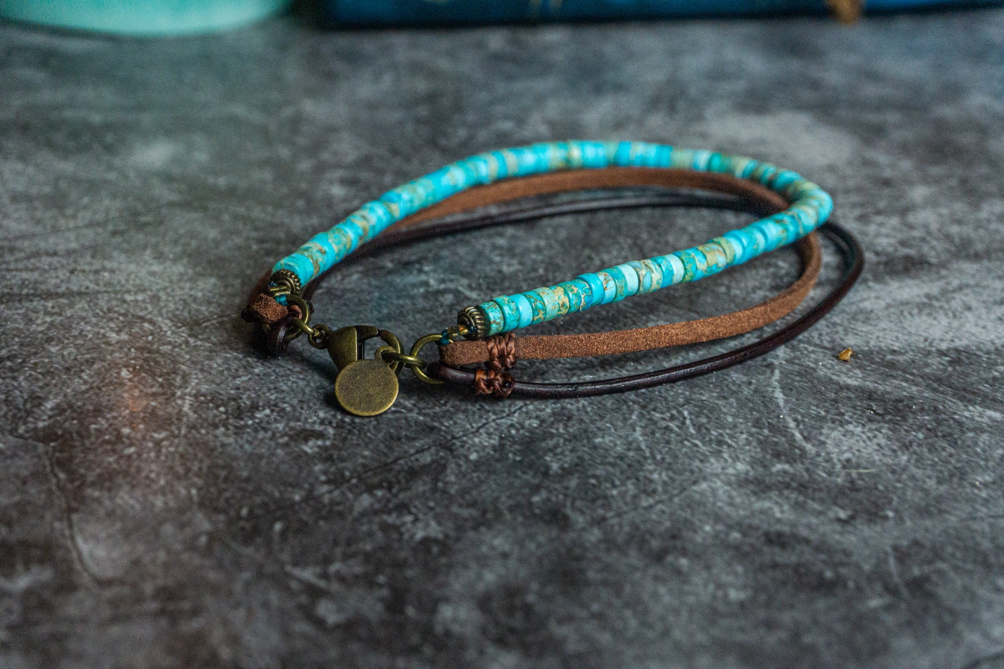 mens turquoise gemstone bead and leather anklet- wander jewellery