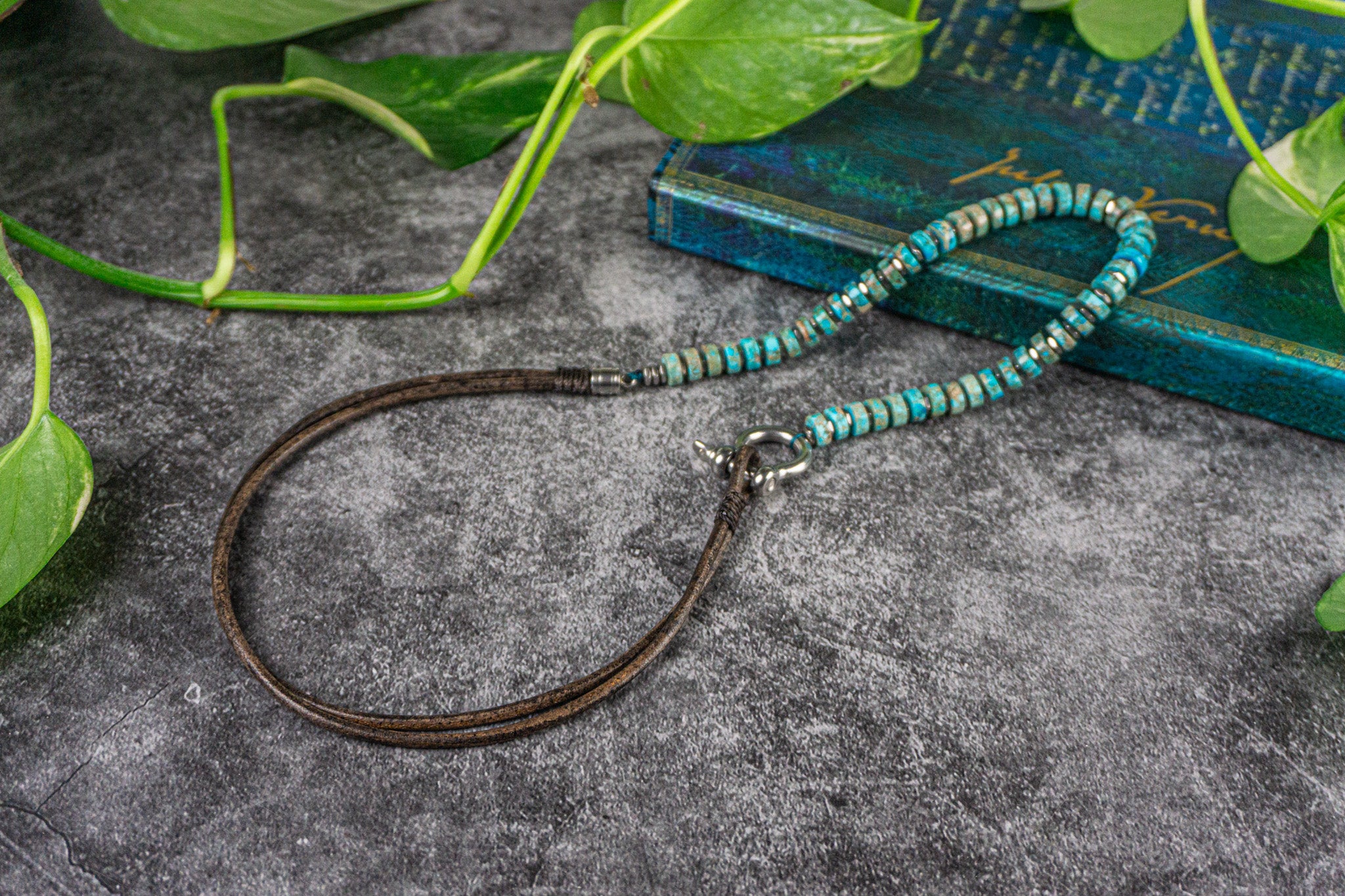 jasper turquoise heishi bead necklace with vintage leather and stailess steel - wander jewellery