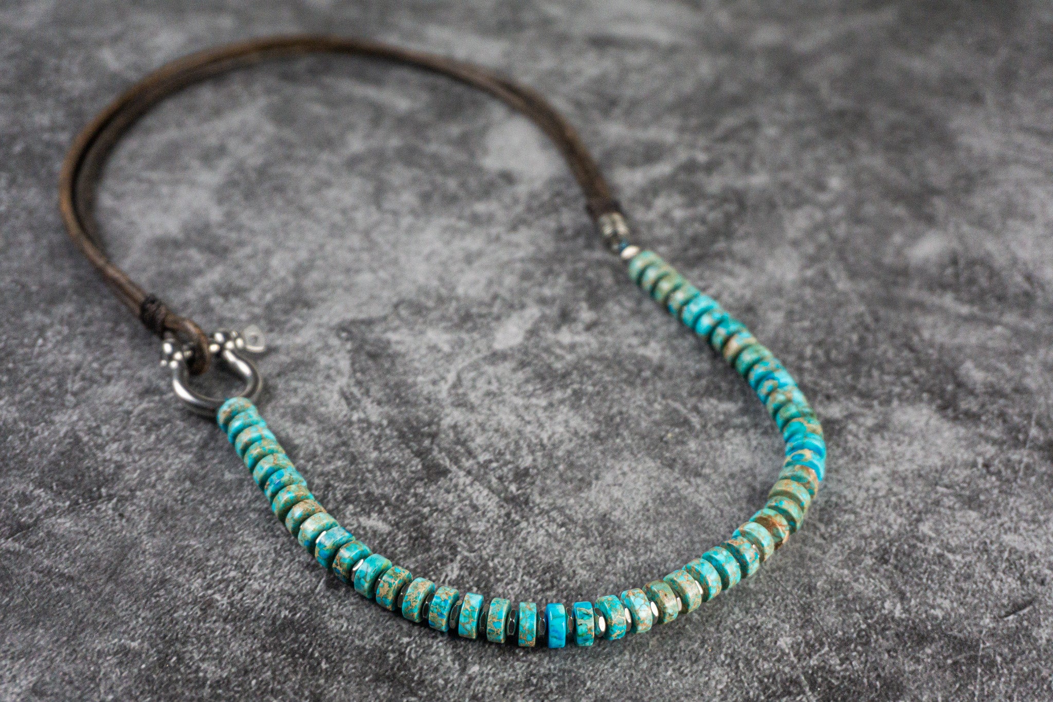 imperial jasper turquoise heishi bead necklace with vintage leather and stailess steel - wander jewellery